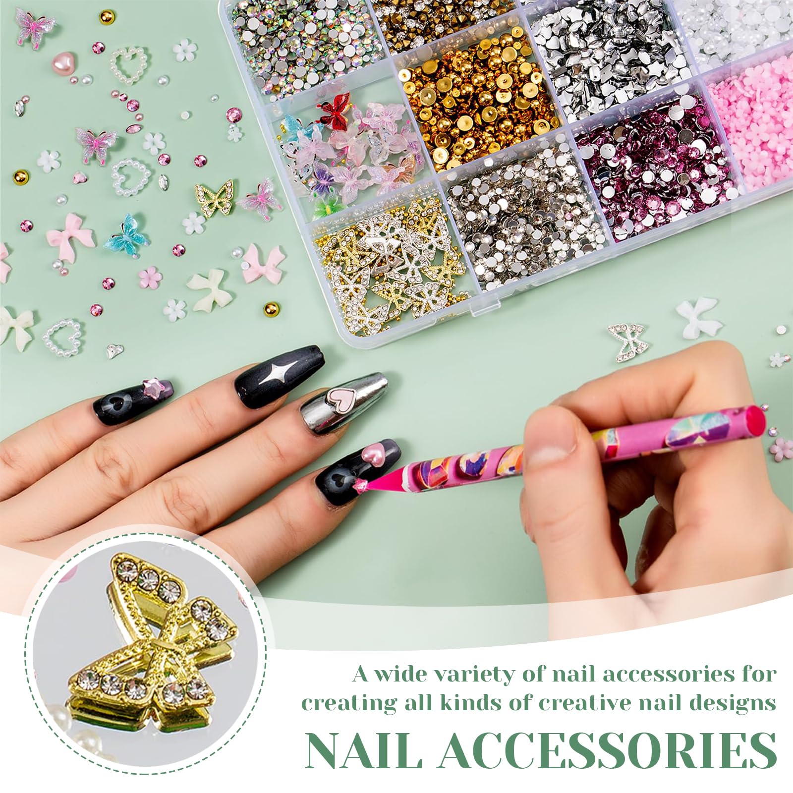 10000 Pezzi Fiocco Rosa Carino Cuore 3D Fiori Charms, Farfalla Dorata Chunky Decorazioni, Gioielli Per Unghie Diamanti Strass, Perline Per Nail Art