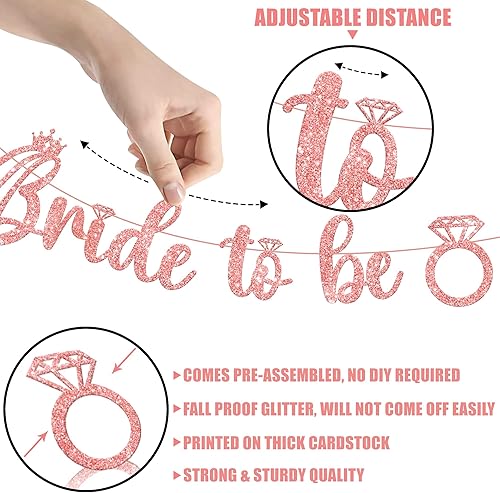 Miniatura 5 de KatchOn, Cartel con purpurina de oro rosa con la frase "Bride To Be"  Pre-encordado, 10 pies  Letrero de novia con anillo para decoraciones de