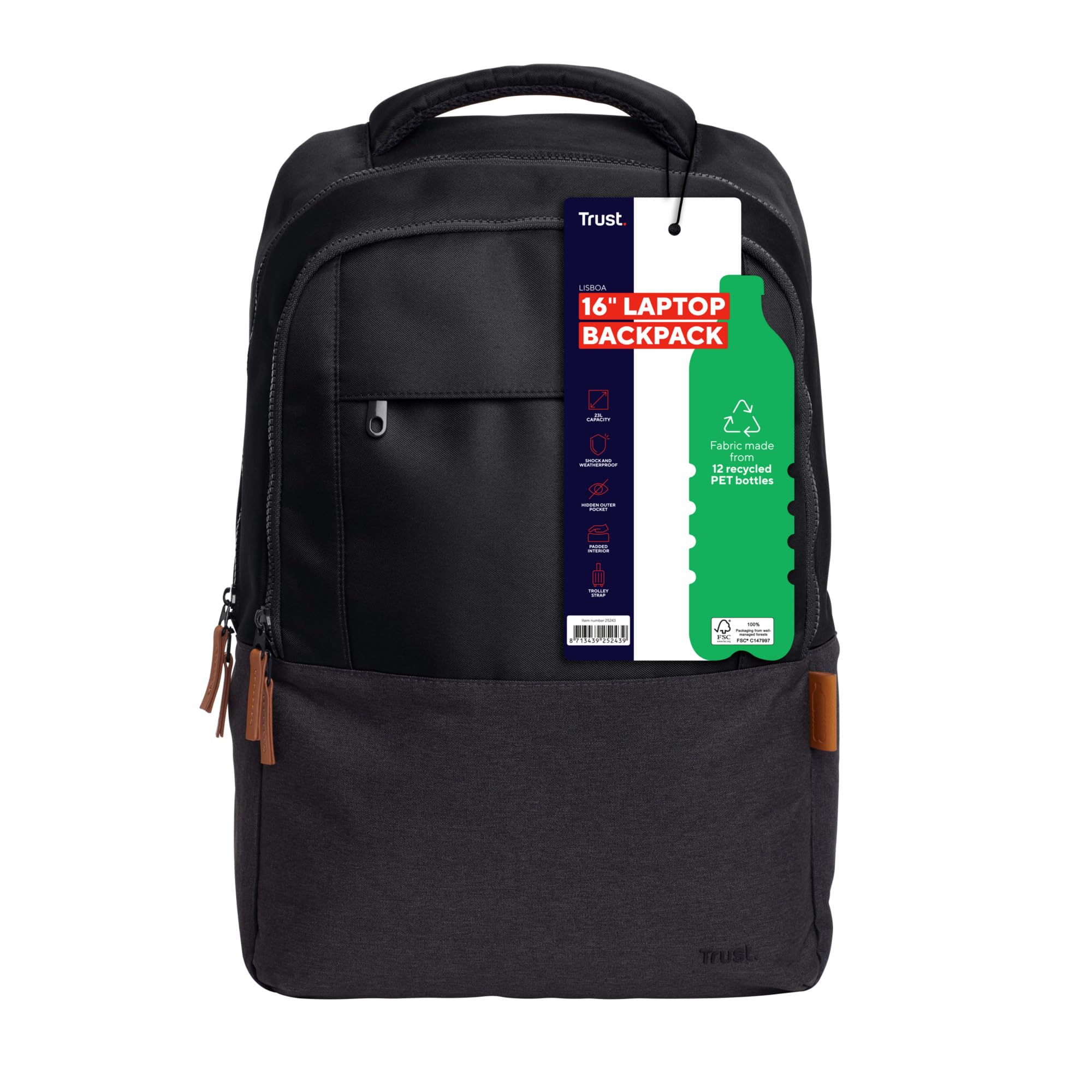 Trust Lisboa Sac à Dos pour Ordinateur Portable 16 Pouces, 23 Litres, Noir | avec Sangle pour Chariot, Plastique Recyclé, Backpack PC Voyage Homme Femme Collège Loisir Affaire Travail
