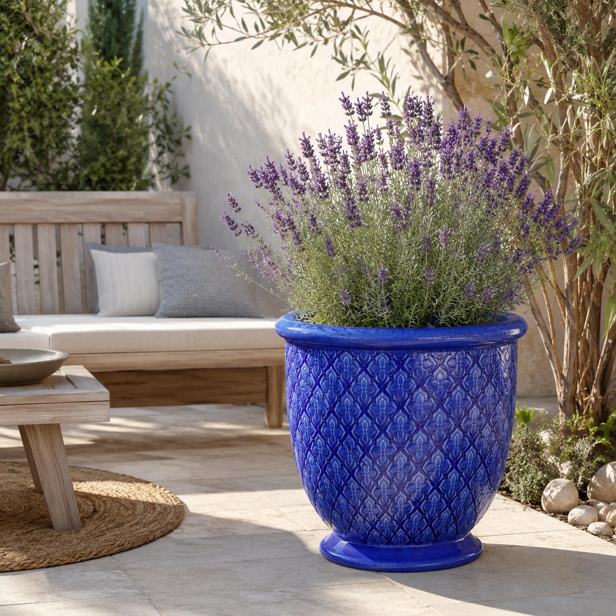 Indigo Provence glazurowana donica na rośliny, 54 cm, w kolorze kobaltowego błękitu – ręcznie wykonana ceramiczna donica na kwiaty z wysoko wypalaną glazurą i odpływem wody zapobiegającej