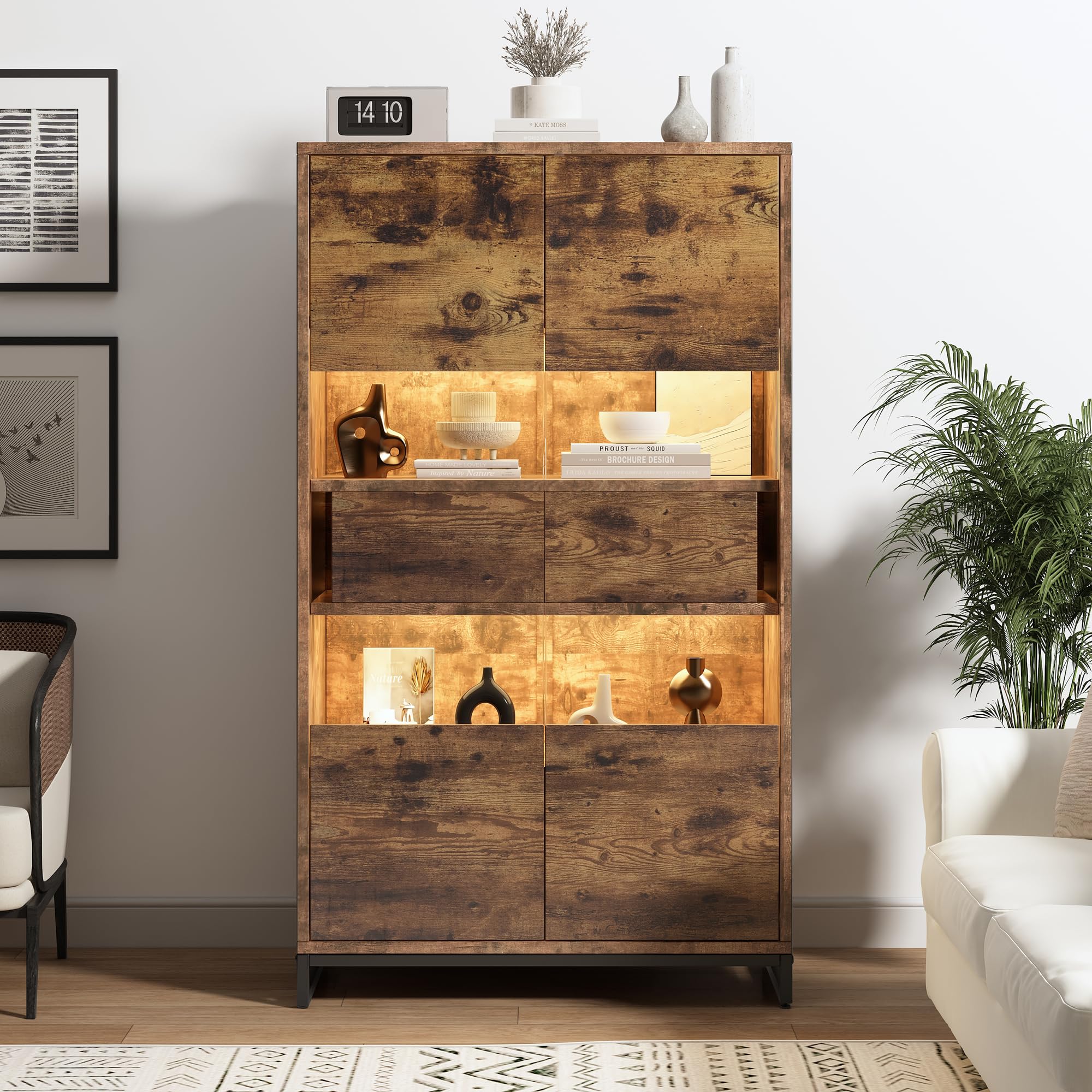 Merax Vetrina trasparente con illuminazione LED, libreria 2 ante 2 cassetti, vetrina da collezione, vetrina per vino, soggiorno, sala da pranzo, ufficio, vintage, marrone