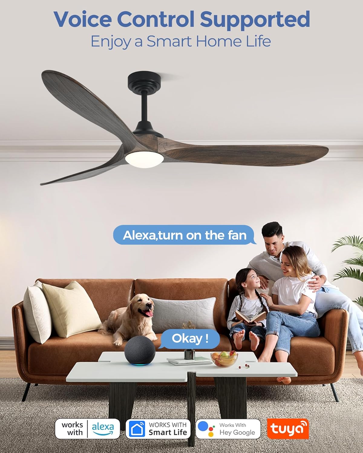 72 inch Outdoor Ceiling Fans with Lights,Smart Wood Large Ceiling Fan for Alexa,Google & APP Control,Indoor/Outdoor,3 Blades,3CCT Dimmable,Deep Brown Walnut,Downrod Mount for Patio Porch
