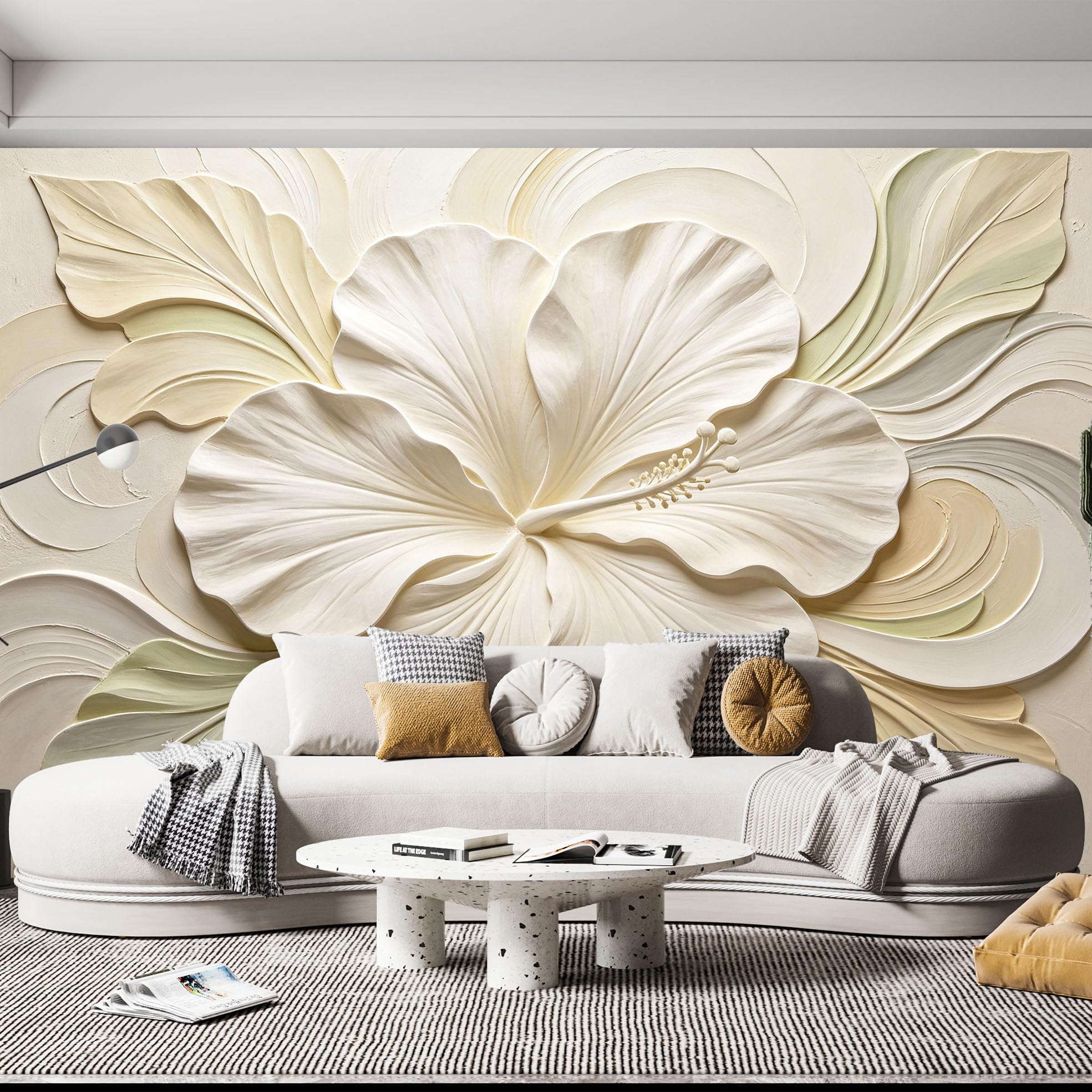 Duży kwiat hibiskusa fototapeta nowoczesna elegancka tropikalna tapeta z włókniny 200 x 140 cm kremowy beżowy botaniczne rzeźbiarskie kwiaty pokrycie ścienne do sypialni salonu jadalni funkcja W