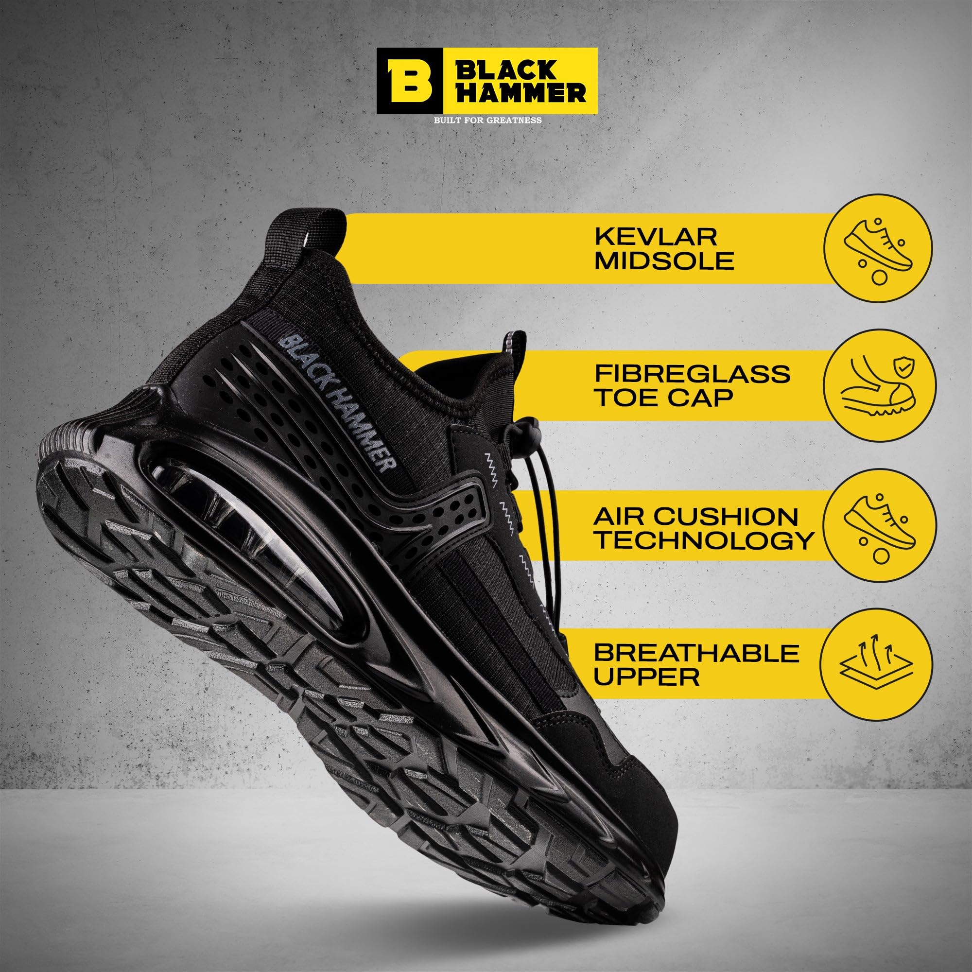 BLACK HAMMER Scarpe da Ginnastica di Sicurezza Leggere Uomo - Comfort con Cuscinetti d'Aria, Scarpe da Lavoro Antiscivolo, Calzature utilitarie Senza Metallo 4499