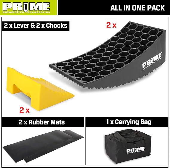PR1ME RV Leveling Blocks, Heavy Duty Camper Leveler Kit, 2 Pack Curved RV Levelers with Anti-Slip Mats & Wheel Chocks, Faster Leveling System for Travel Trailer, Motorhome & Dual Axles