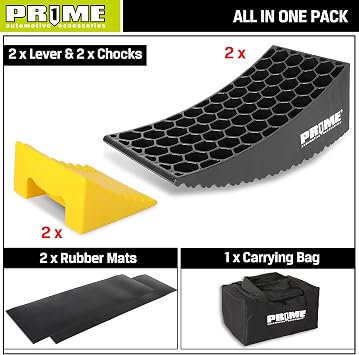PR1ME RV Leveling Blocks, Heavy Duty Camper Leveler Kit, 2 Pack Curved RV Levelers with Anti-Slip Mats & Wheel Chocks, Faster Leveling System for Travel Trailer, Motorhome & Dual Axles