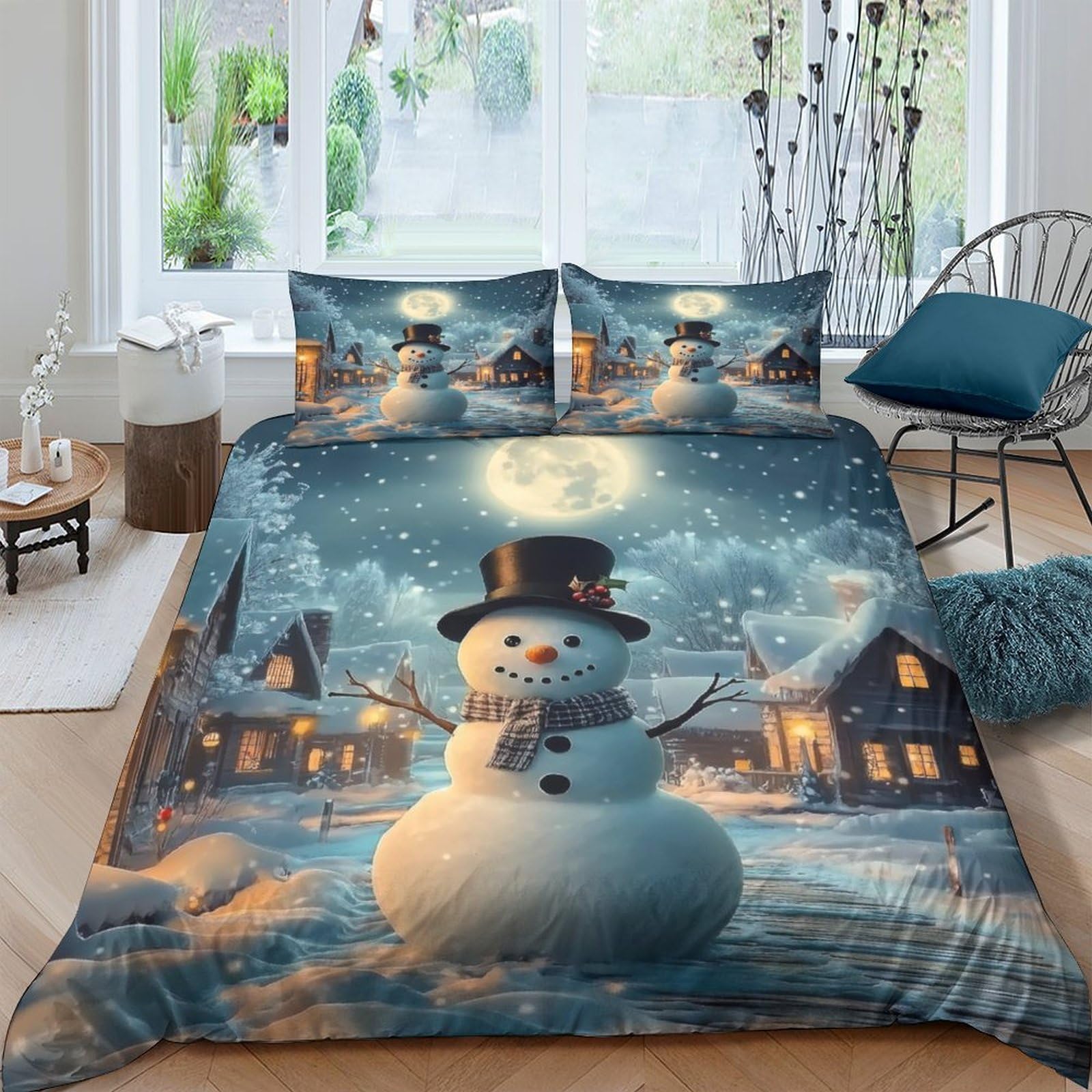Ctjqhvkz Style-2 3D Printed Snowman Night Village Fitted Sheet Microfiber Soft Winter Scene Bed Cover For Bedroom Guest Room Single（135X200cm）