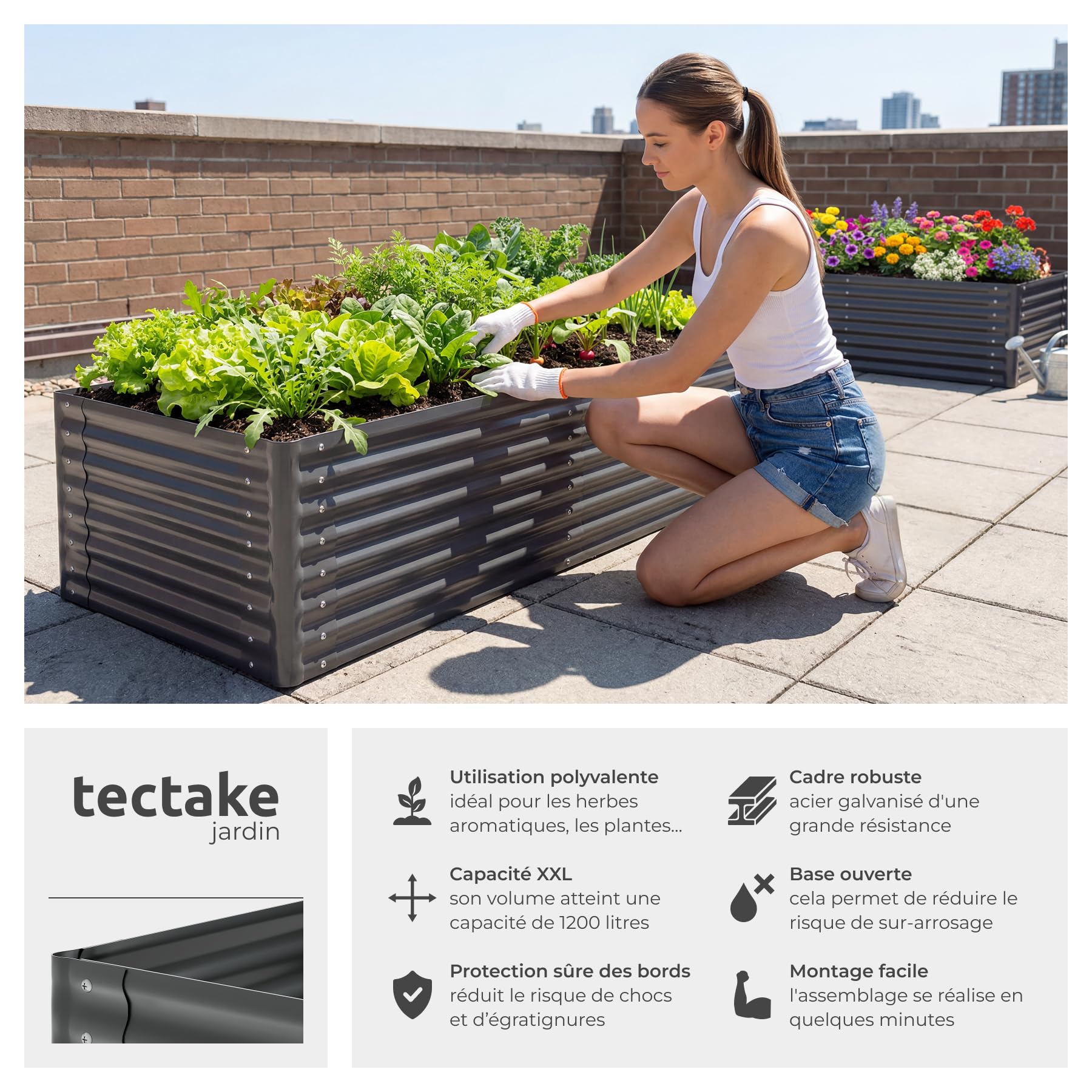 tectake® Jardiniere 200 x 100 x 62 cm, Plate-bande surélevée en acier, Potager surélevé, 1 paire de gants jardinage incluse, Carre Potager 1200L, Lit de jardin Jardiniere exterieur, Bac a fleur Jardin