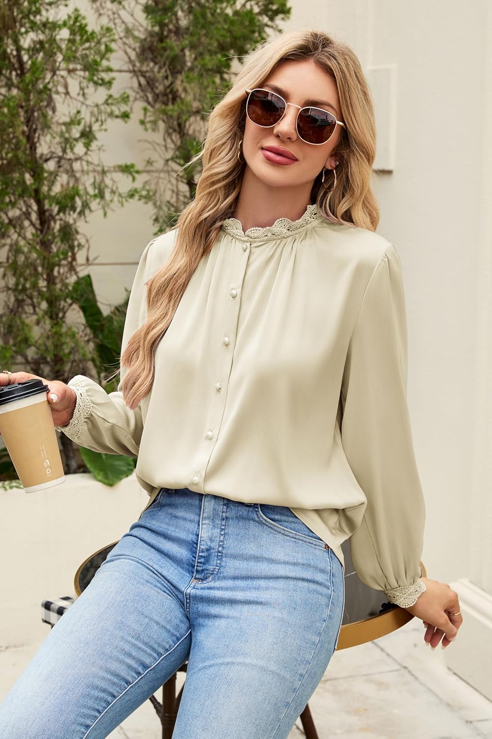 Neweek Satin Crinkle Blouses for Women Lace Collared Cuff Tops Silk Button Down Shirts Long Sleeve Business Loose Work Tops - Image 6