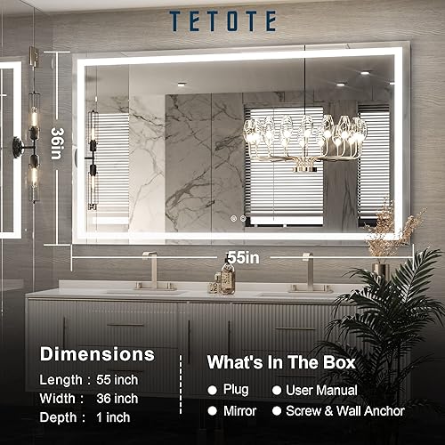 Miniatura 6 de TETOTE Espejo de baño LED de 55 x 36 pulgadas con luces, antiniebla, regulable, iluminado para montaje en pared, espejo maestro de maquillaje moderno