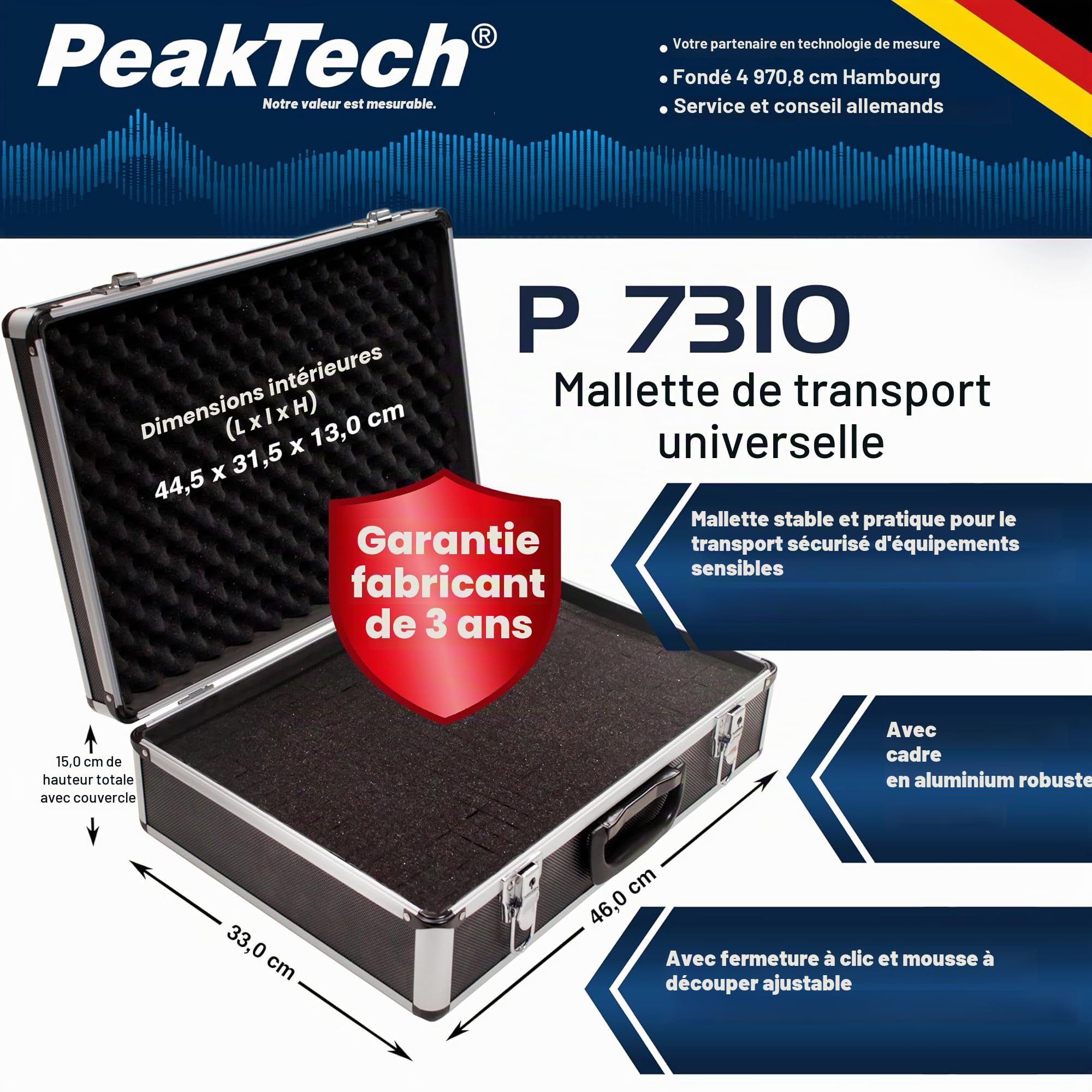 Peak Tech P 7310 - Mallette Universelle pour Instruments de Mesure, Robuste en Aluminium, Compartiment à Outils, Rembourrage en Mousse, Verrouillable, Anti-Poussière, XL - 460 x 330 x 150 mm