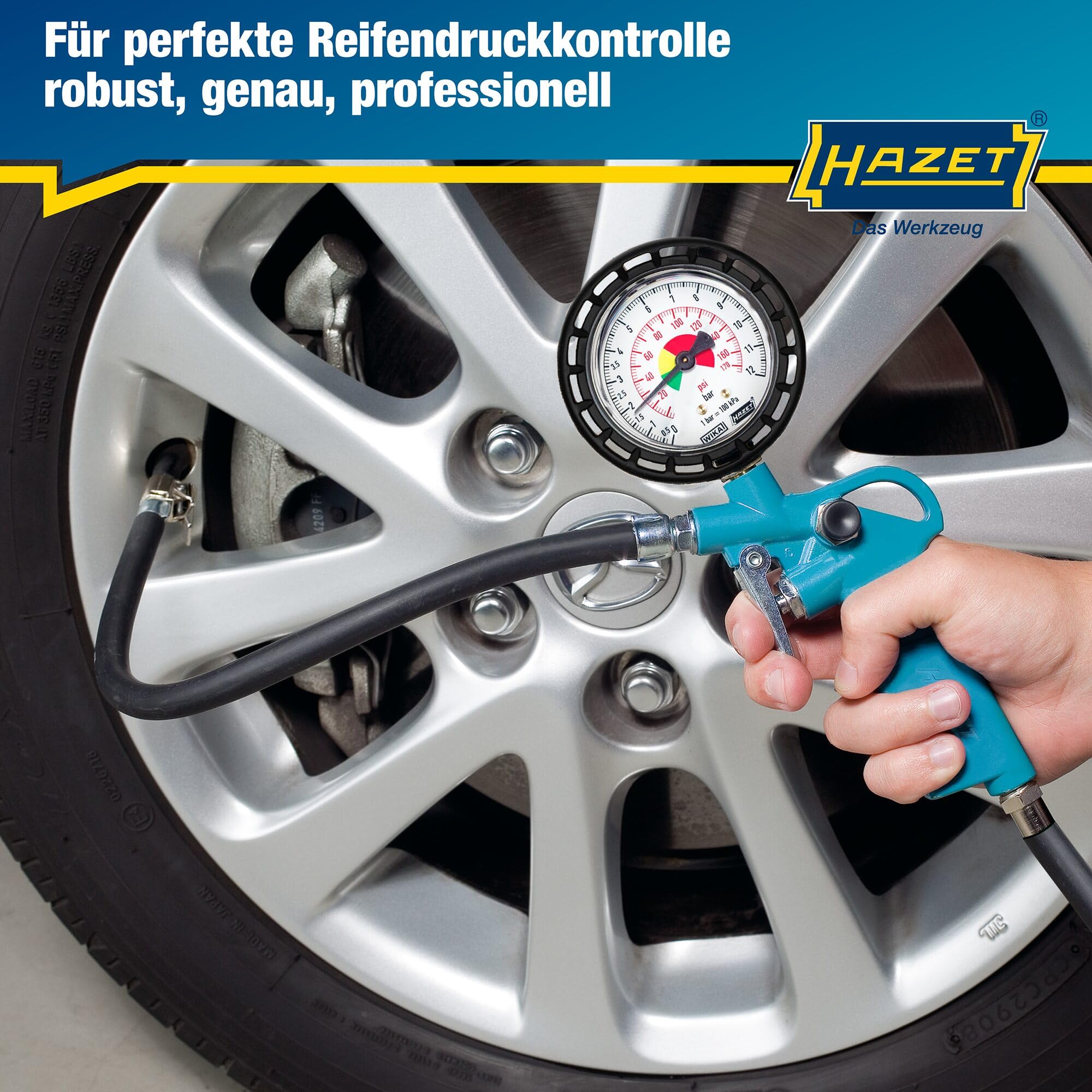 HAZET Reifenfüll-Messgerät 9041-1 I Manometer-Messbereich: 0-12 bar, Schlauchlänge: 400 mm, Manometer-Durchmesser: 63 mm I Reifendruck-Prüfer für Auto, Motorrad, Lkw uvm.