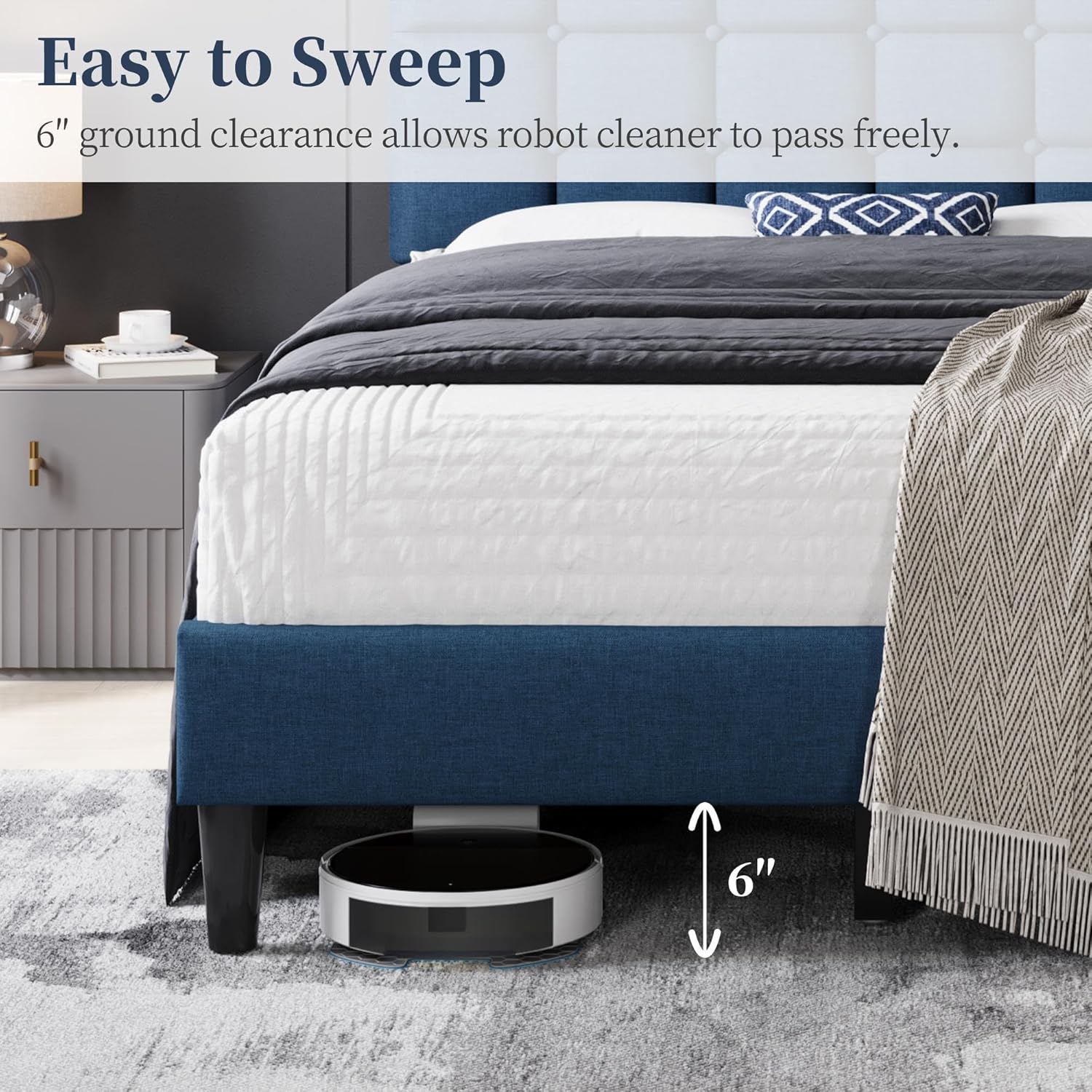 Immagine che mostra uno spazio libero di 6 pollici sotto il letto con un robot aspirapolvere