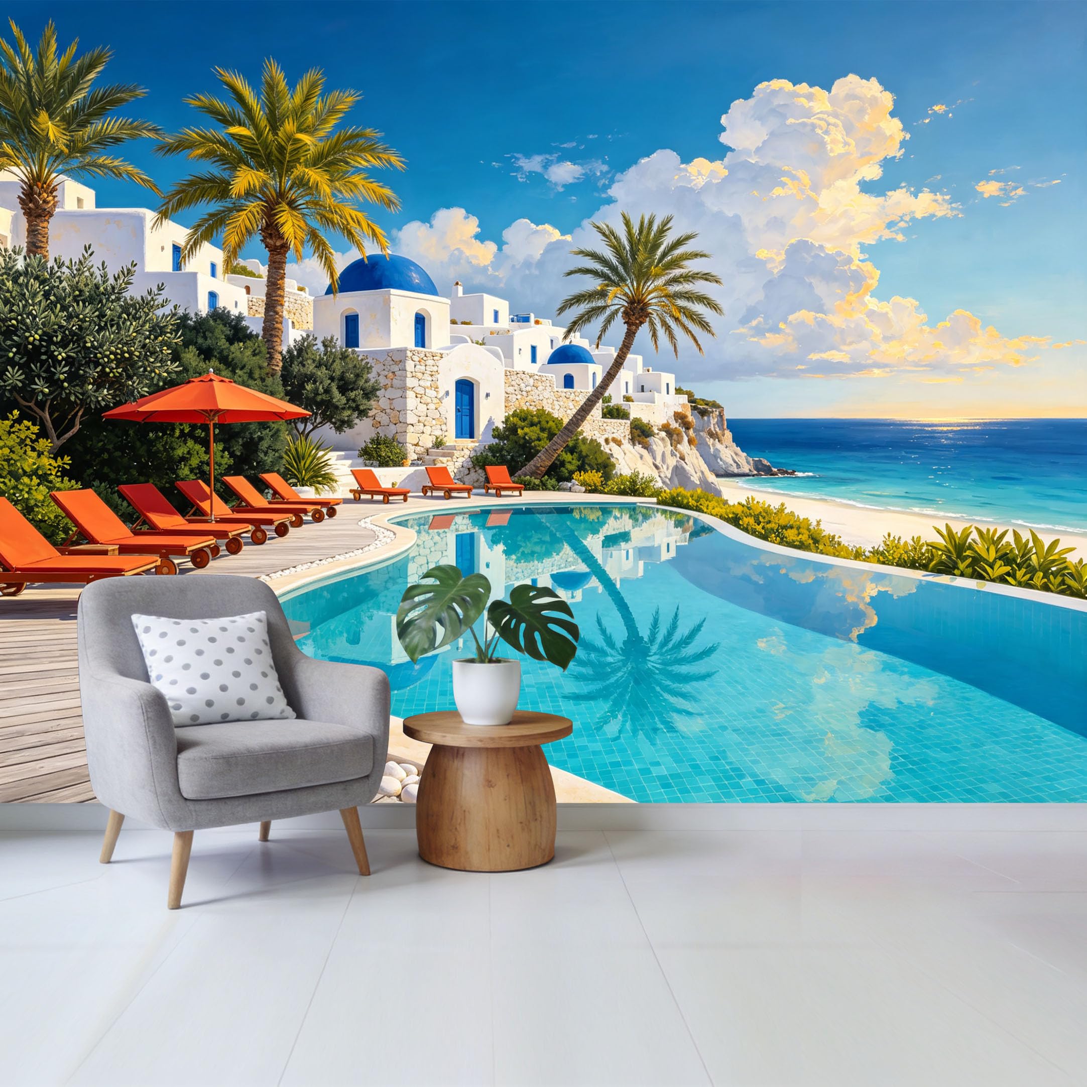 Custom Size Wall Mural Mediterranean Coastal Landscape Blue Dome Houses Palm Trees Ocean View Removable Self Adhesive Fabric Home Wall Decor for Living Room Bedroom Bathroom