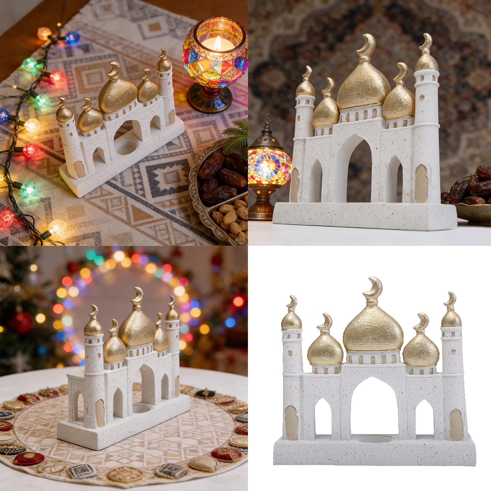 PANGBOER Ramadans Decorazioni per la casa Eid Mubaraks Decorazioni per la casa Torre della Moschea Bianco Dorato Ornamento Artigianale per Mensole Decori