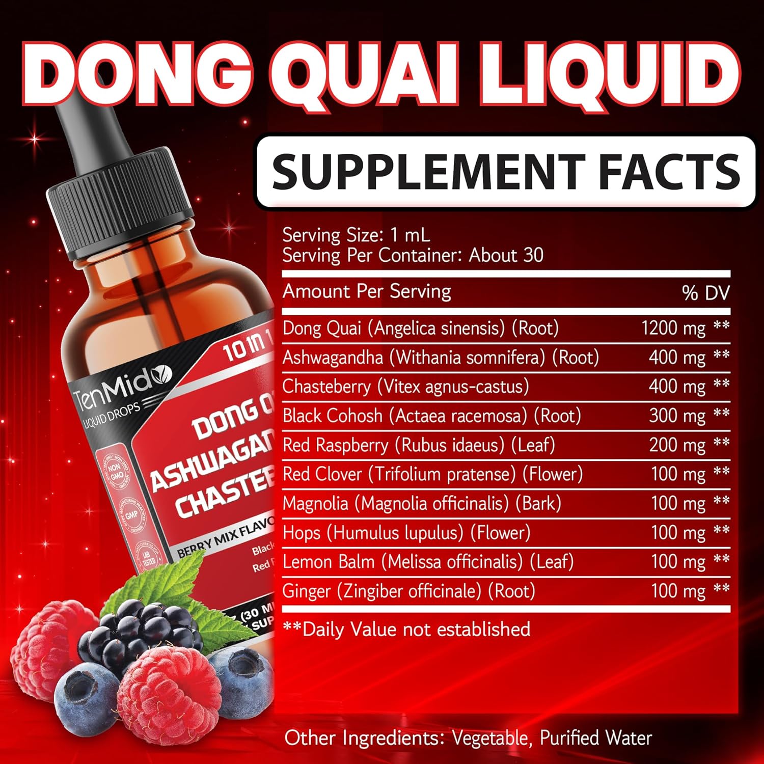10in1 Liquid Dong Quai Supplement for Women with Ashwagandha, Chasteberry, Black Cohosh, Red Clover, Magnolia, Red Raspberry, Hops Flower, Lemon Balm, and Ginger - 30ml 1 Fl Oz - Image 2