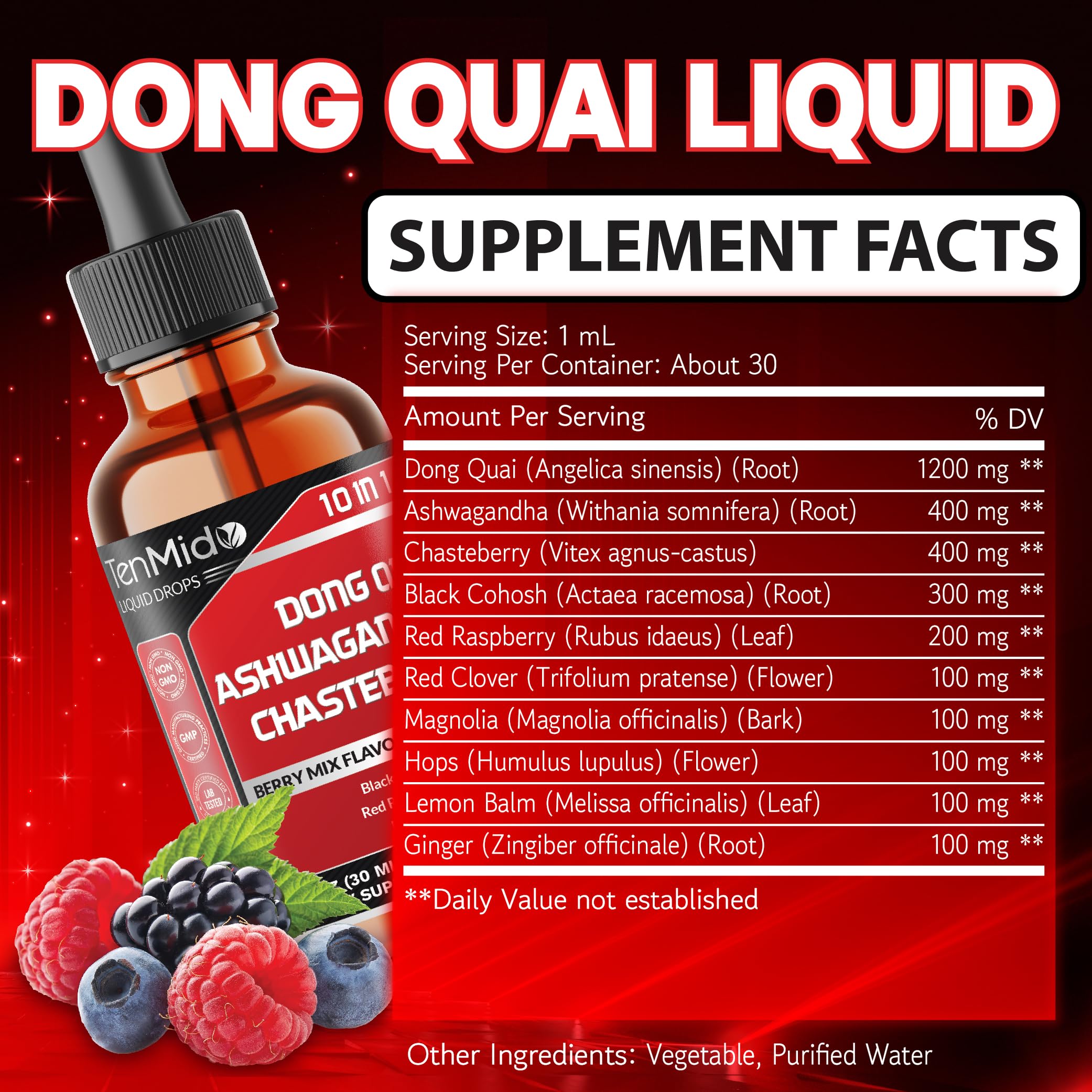 10in1 Liquid Dong Quai Supplement for Women with Ashwagandha, Chasteberry, Black Cohosh, Red Clover, Magnolia, Red Raspberry, Hops Flower, Lemon Balm, and Ginger - 30ml 1 Fl Oz — Amazon image 2