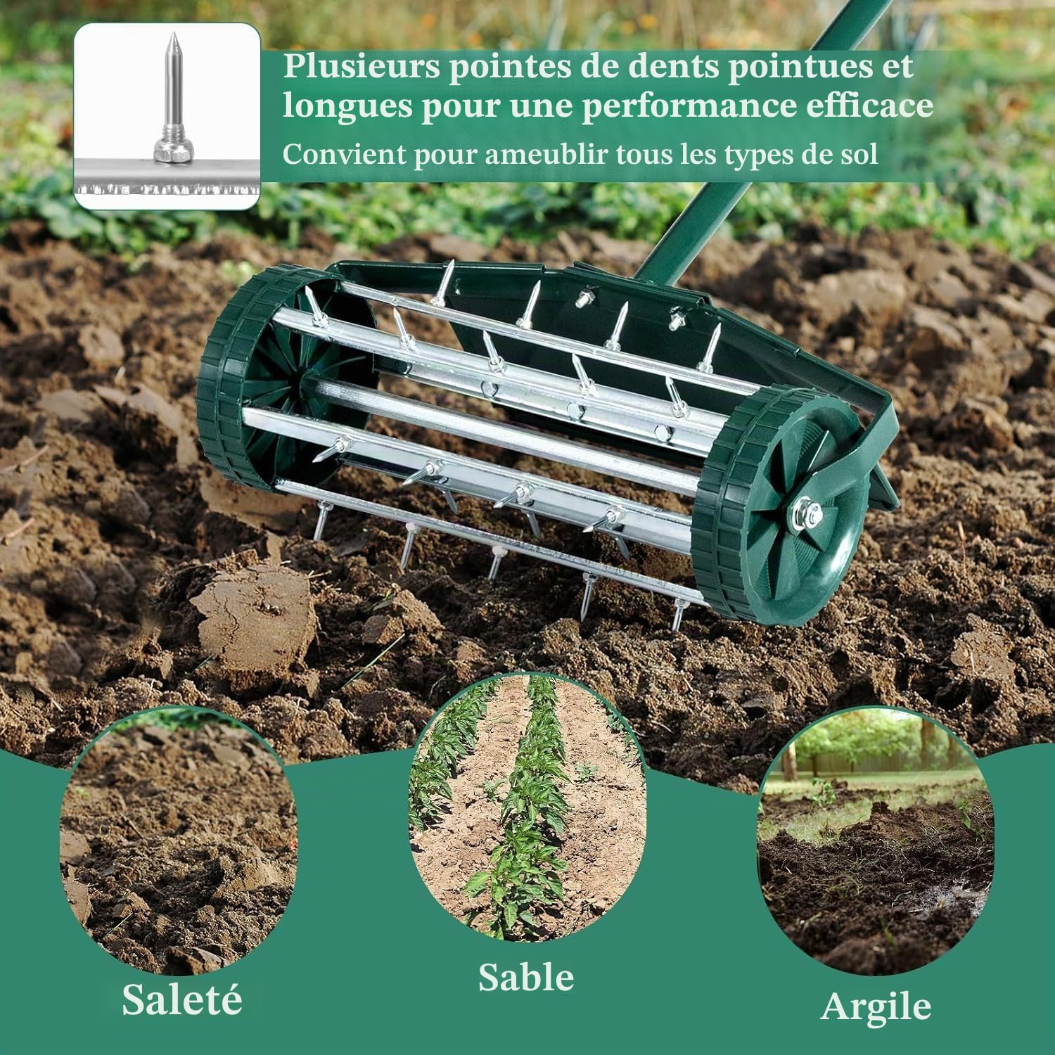 FANTASK Rouleau aérateur de pelouse, avec Manche, scarificateur Manuel, Vert, avec Clous de 3 cm et Protection Anti-éclaboussures, 46 x 23 x 127 cm