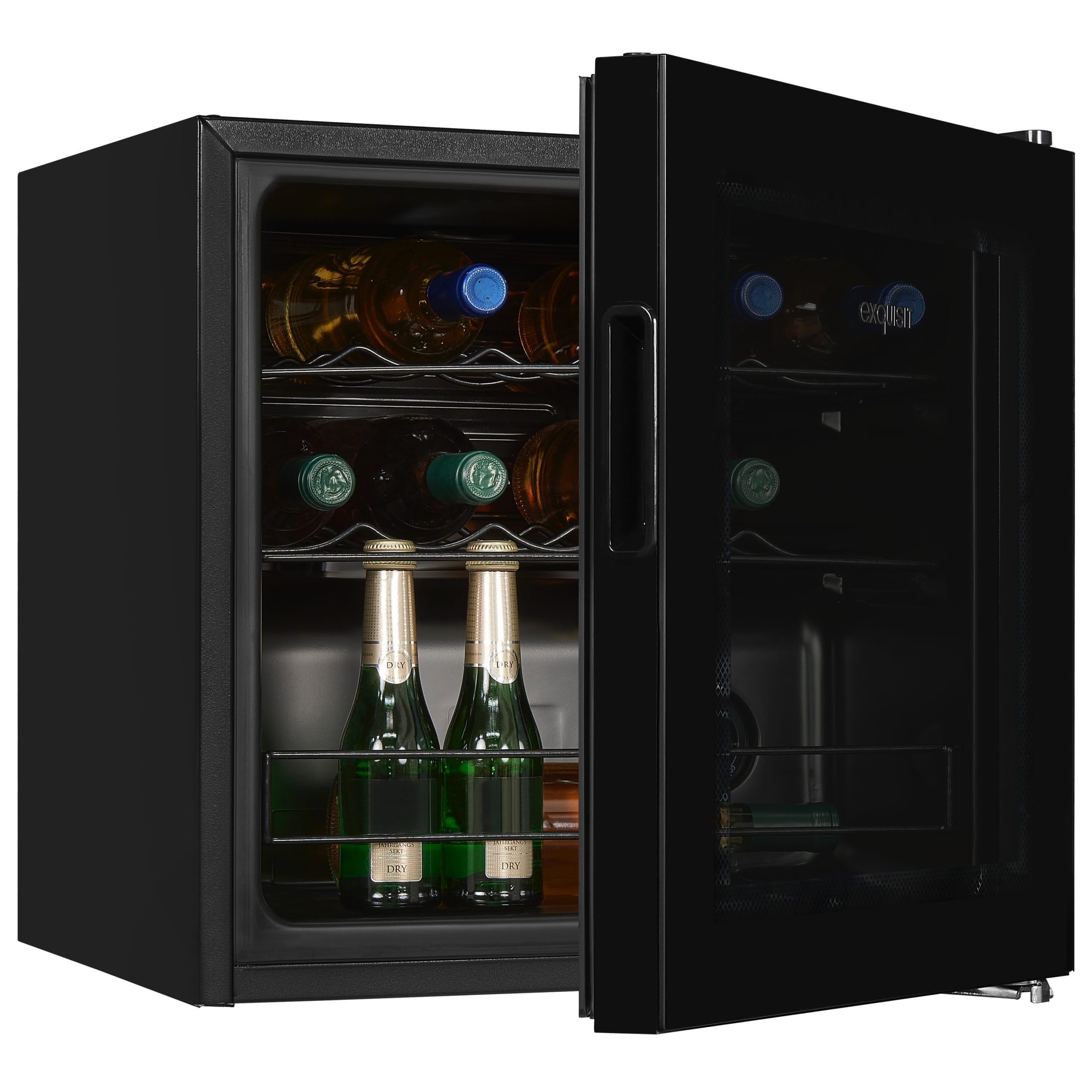 Exquisit® Vinoteca, 12 Botellas, Clase G, Rango de Temperatura de 5ºC a 18ºC, 2 Estantes Metalicos, Tirador Integrado, Altura Regulable, Consumo 130 kWh/año, Medidas 49,2x48x44 Cm.
