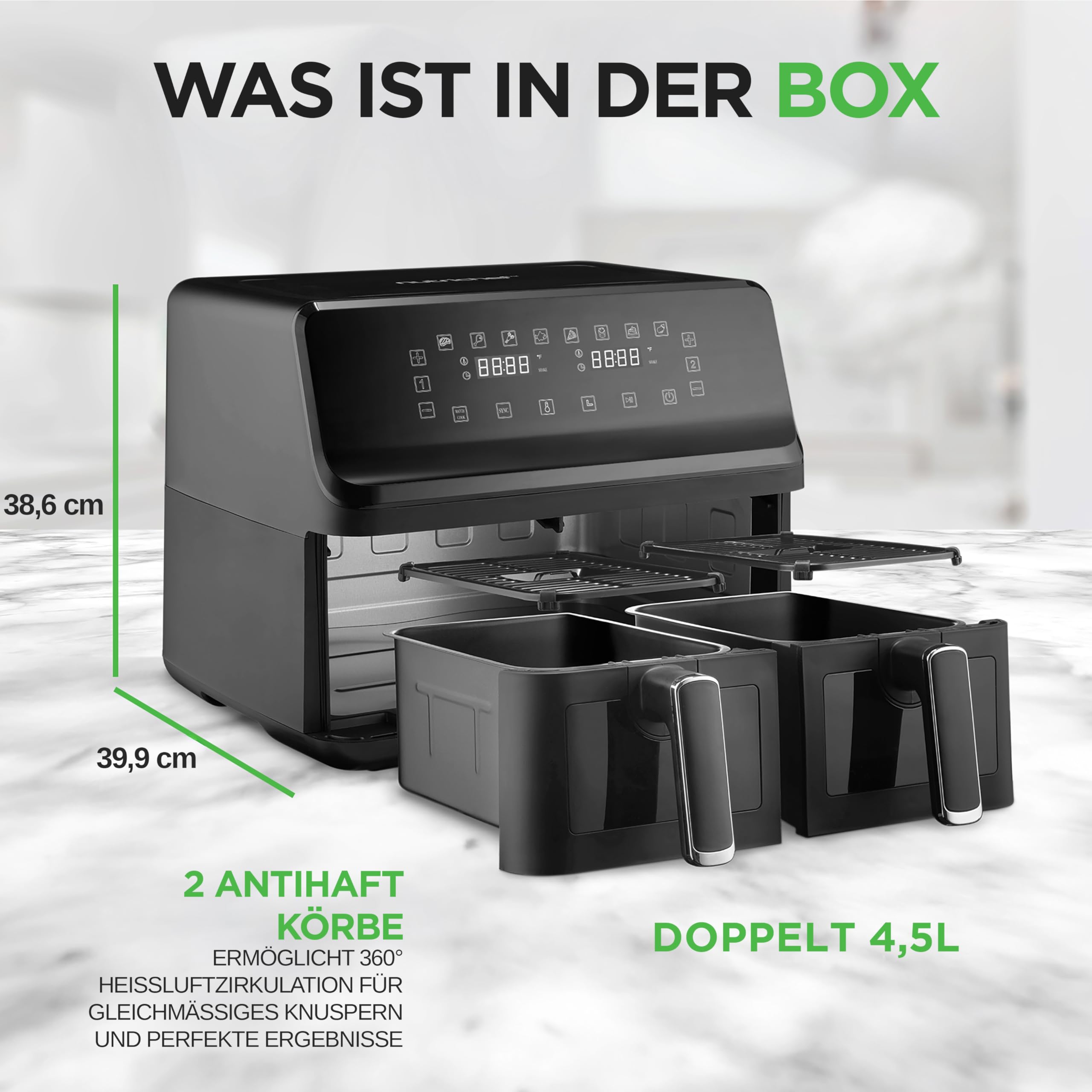 NutriChef Heißluftfritteuse XL Doppelkammer Airfryer ohne Öl – 2 Körbe 8.3L – Bild 5