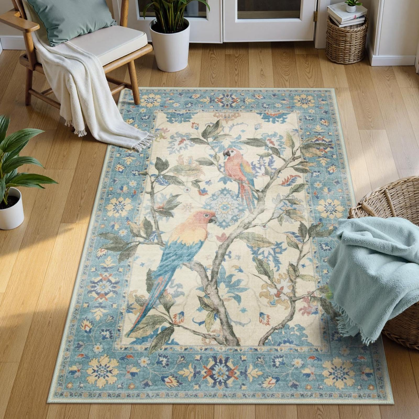 Lahome Botanical Birds Washable Blue 3x5 Rugs for Entryway, Non Slip Kitchen Rug Blue Bathroom Rugs, Boho Vintage Soft Indoor Throw Carpet for Living