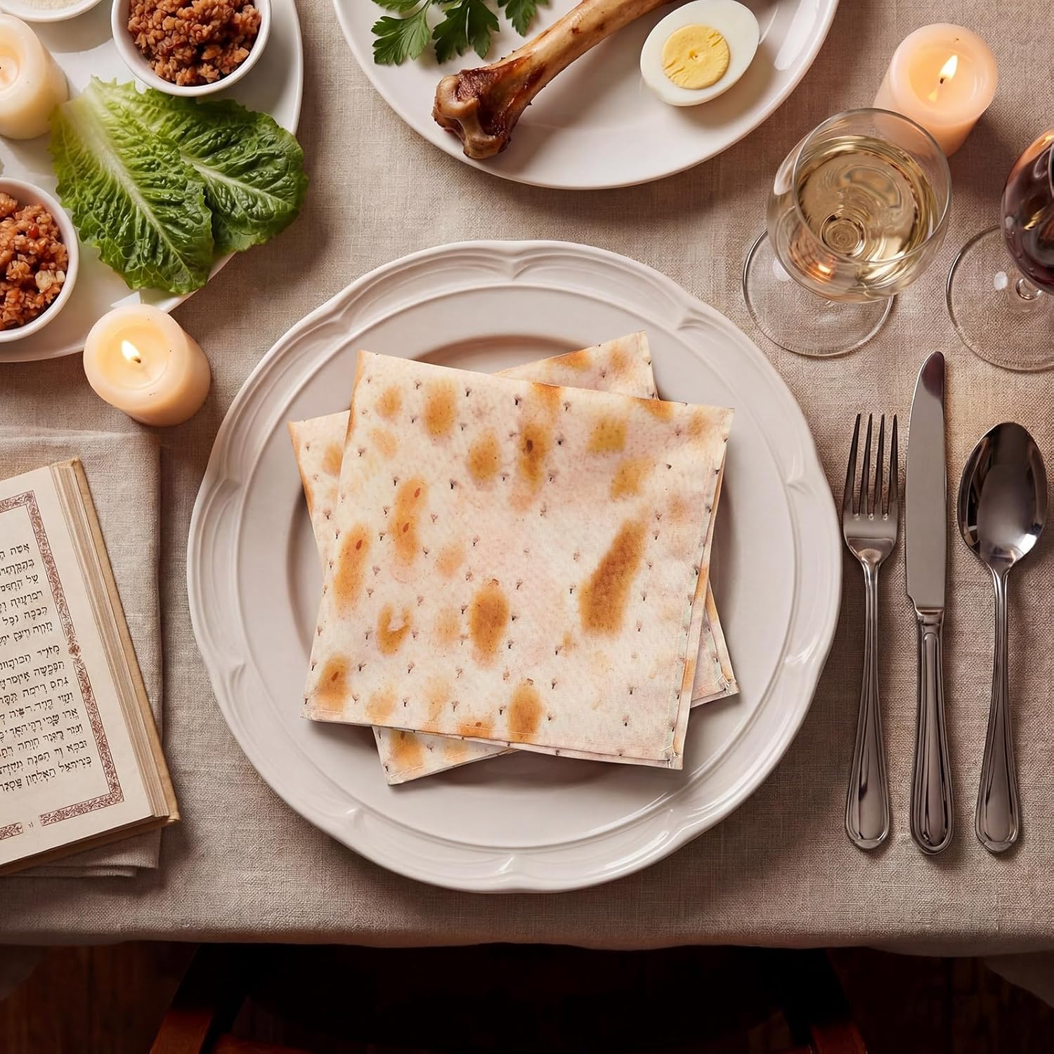 12 Pcs Passover Napkins Cotton Linen Cloth Napkins 17.72 Inch Passover Matzoh Reusable Pesach Jewish Festival Square Table Decorations for Seder Dinner Party Favors