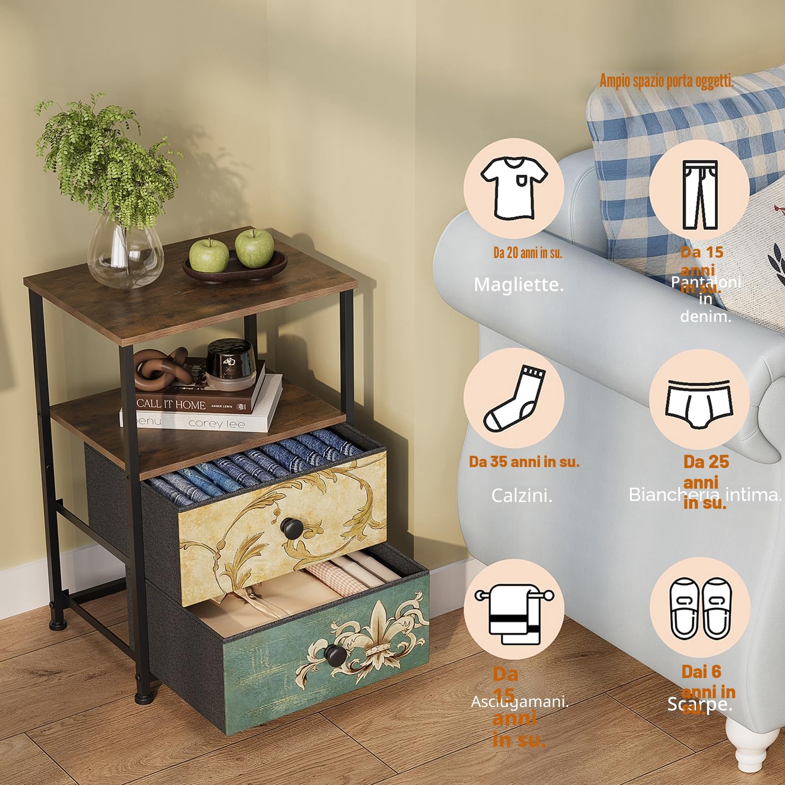 VEDECASA Comò con 2 cassetti e ripiano aperto, armadio con cassettiera, tavolo da trucco bohemio, armadio portaoggetti, comodino, tavolino per soggiorno e camera da letto, struttura in acciaio stabile