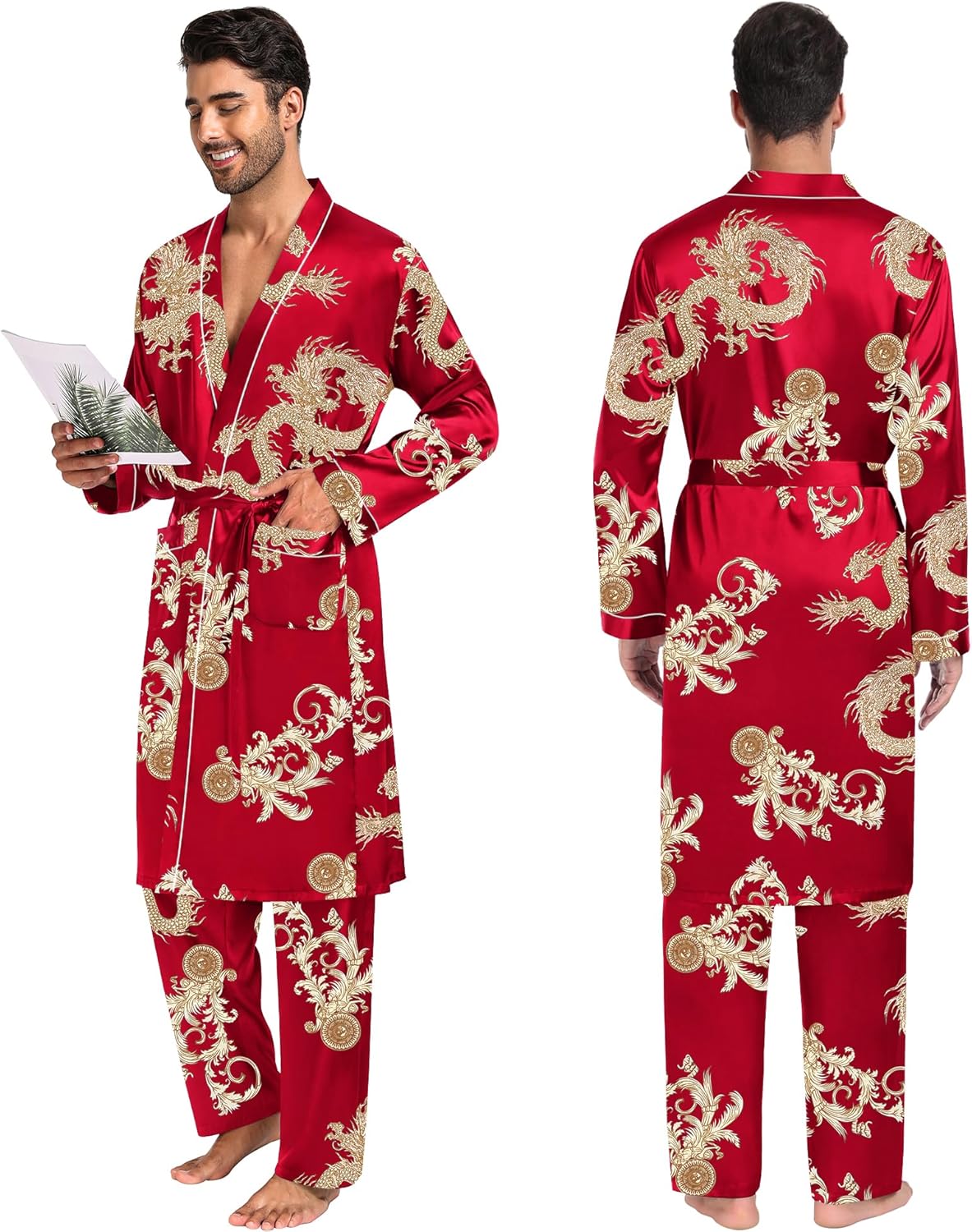 SWOMOG Mens 3 PCS Satin Robe with Pants & Shorts Set Kimono Bathrobe Long Sleeve Sleepwear Pjs Sets with Pockets - Image 4