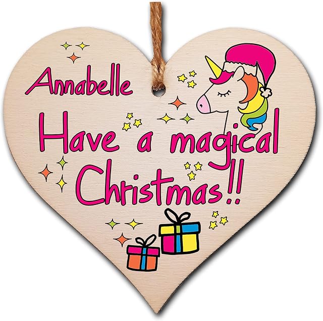 Personalised Handmade Christmas Hanging Wooden Heart Plaque Decoration Gift to wish someone special a magical merry xmas novelty unicorn fun festive bauble