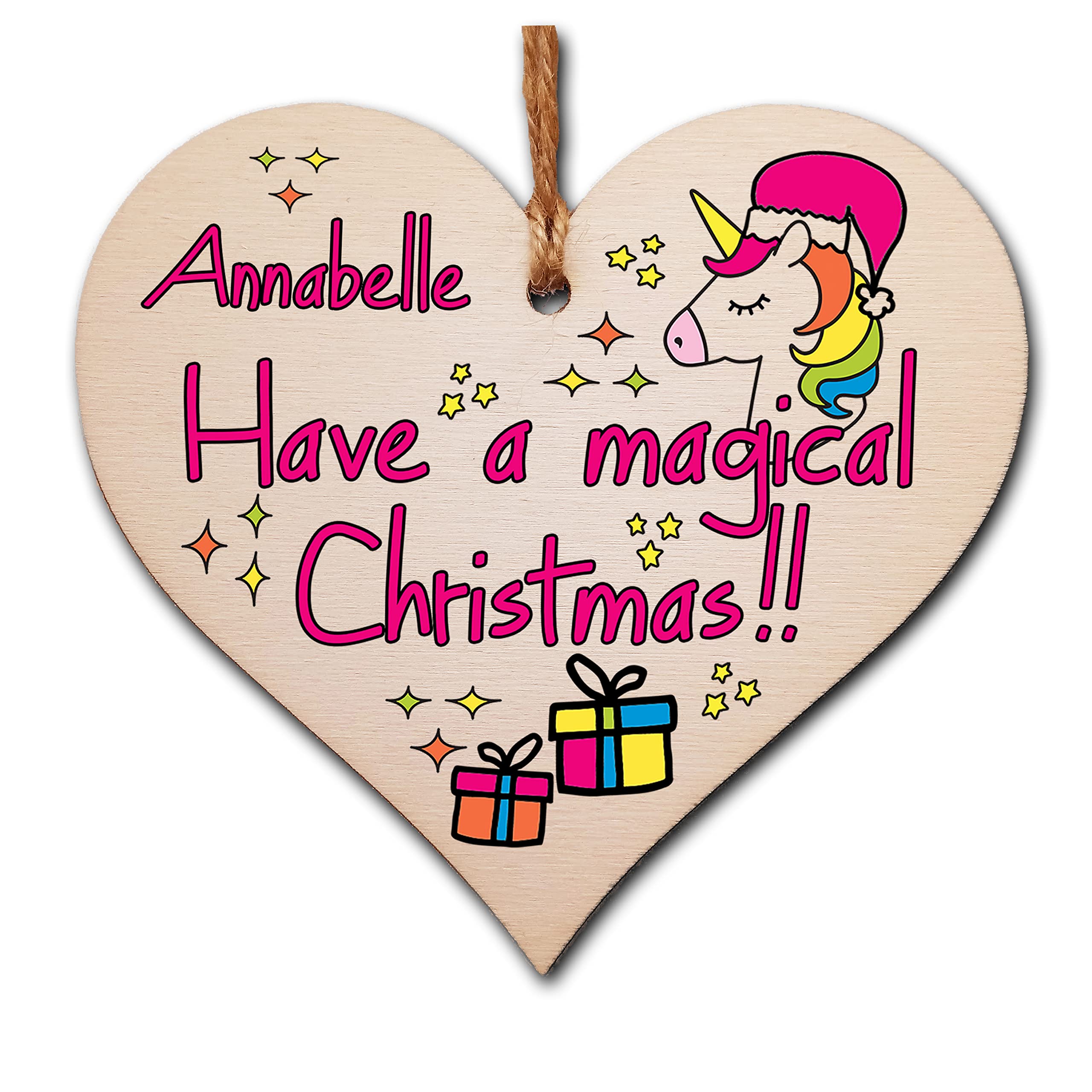 Personalised Handmade Christmas Hanging Wooden Heart Plaque Decoration Gift to wish someone special a magical merry xmas novelty unicorn fun festive bauble