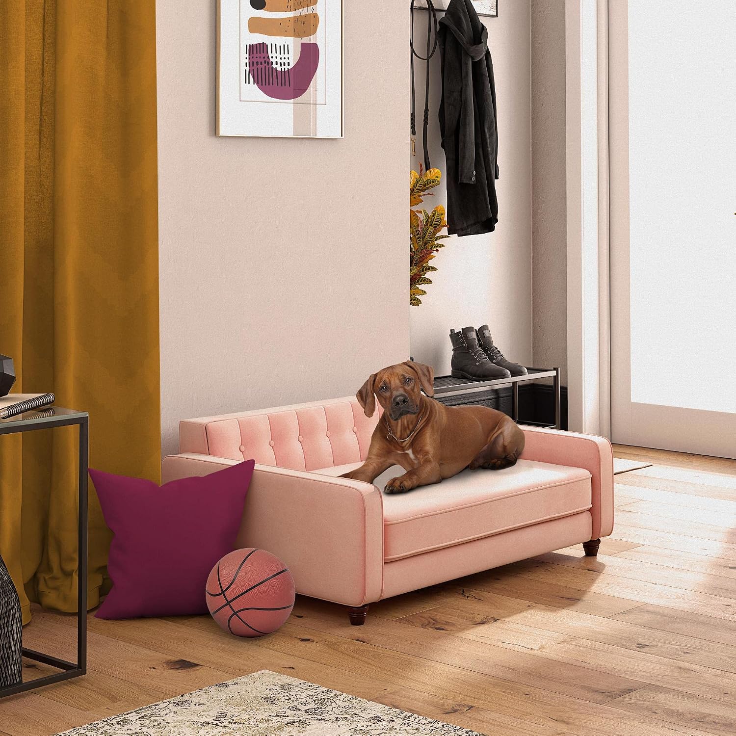 Ollie & Hutch Pin Tufted Pet, Large Size Bed, Pink Velvet Sofas
