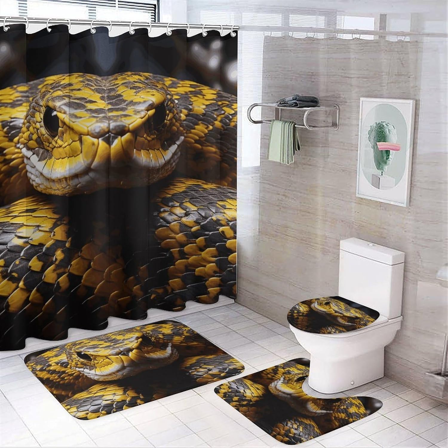Yellow Snake Shower Curtain Set 4 Piece, Non-Slip Bath Mat with Toilet Lid Cover and Waterproof Shower Curtain with 12 Hooks, Complete Bathroom Set for Home Decor