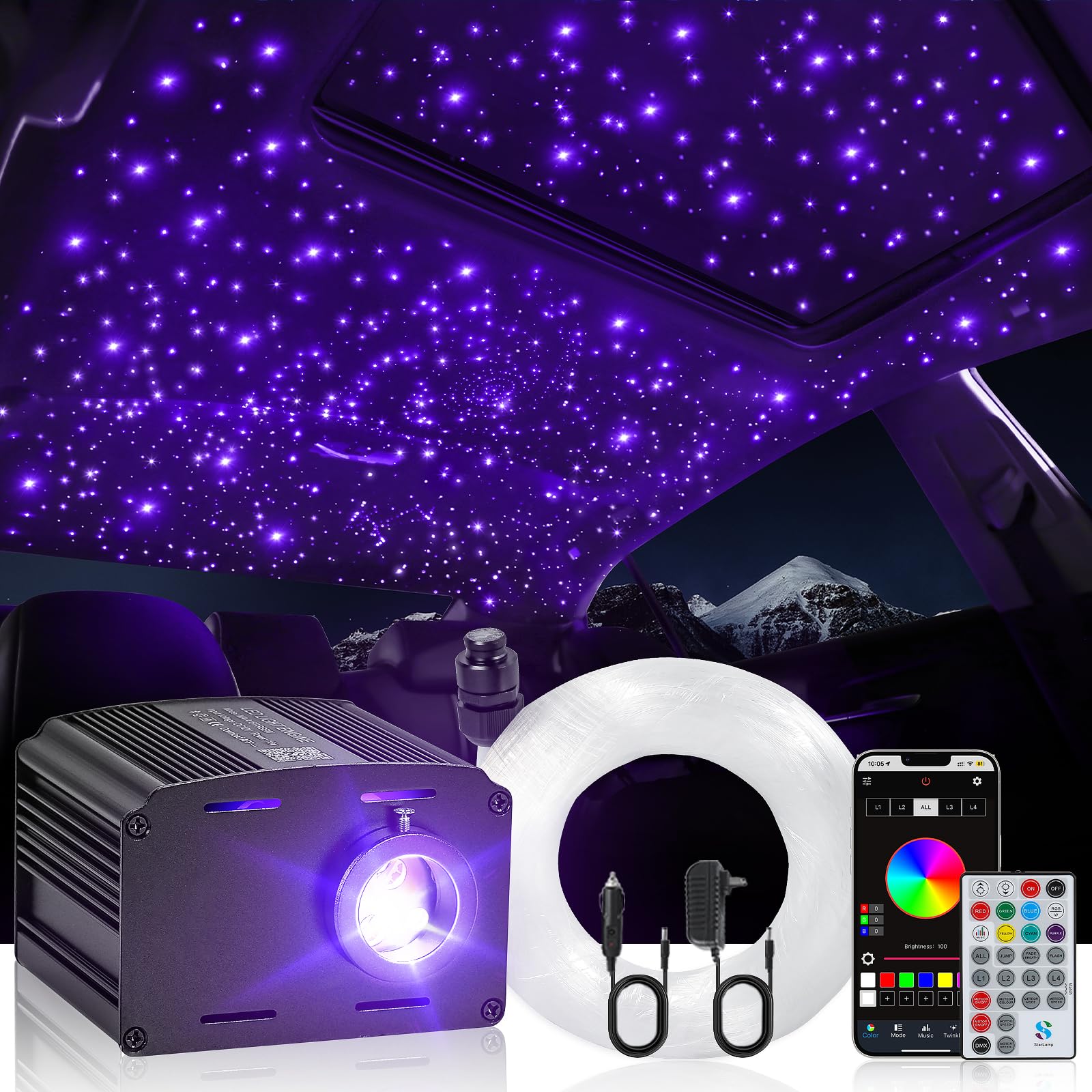 16W Twinkle & Music Sound Activated Starlight Headliner Kit for Car Home Star Ceiling, RGBW 300pcs*0.03in*9.8ft Fiber Optic Car Roof Sky Lights, APP& Remote Controlled Engine End Glow Fiber Strands