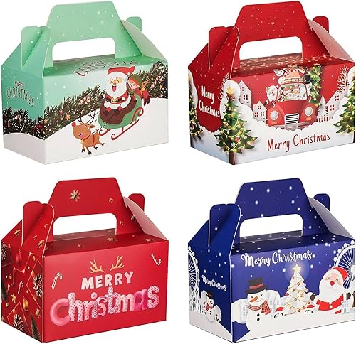 24 cajas de regalo de galletas de Navidad 3D con asas para Navidad, suministros de fiesta de aula escolar, cajas de cartón para galletas, 4 diseños,