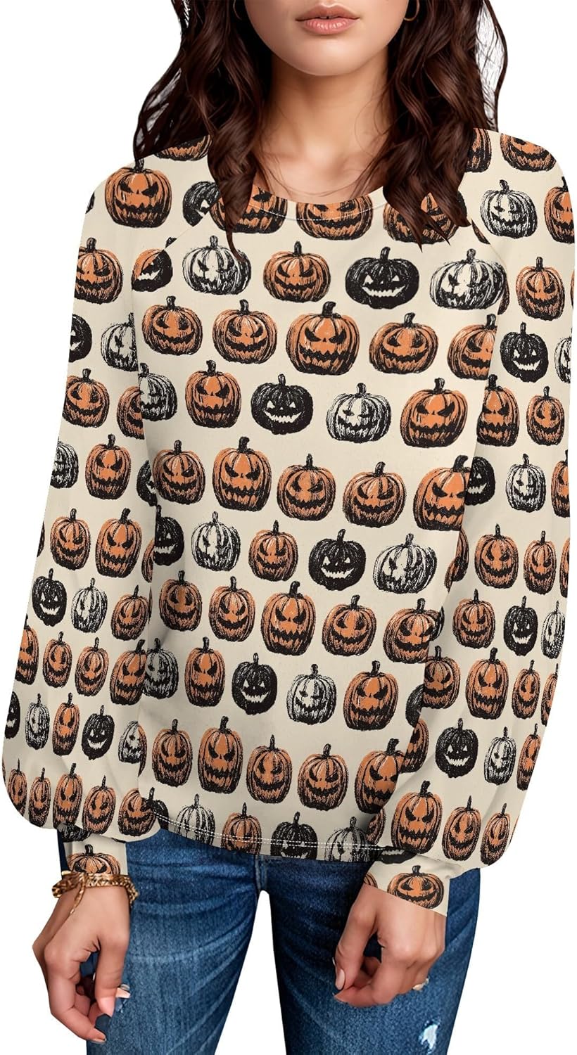 Vintage Halloween Sweatshirt Graphic Pullover Sweatshirts For Women Pumpkins Ghost Funny Long Sleeve Pullover Tops