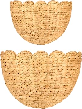LUSYDECO Set of 2 Scalloped Wicker Wall Storage Basket, Woven Boho Wall Decor Basket, Wall Hanging Baskets for Home, Bathroom, Kitchen, Living Room 15"x11"x7" & 12"x10"x6"