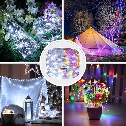 Vista 153 de JMEXSUSS Paquete de 2 luces de hadas azules que funcionan con pilas, 100 luces LED azules de 33 pies impermeables con temporizador remoto, luces