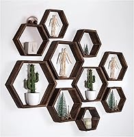 Vista 6 de WONFUlity - Estantes flotantes hexagonales, estantes de panal de madera estilo granja para almacenamiento, para baño, cocina, dormitorio, sala