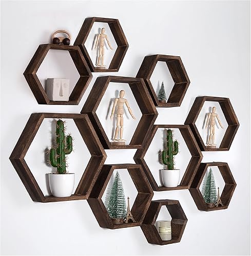 Vista 6 de WONFUlity Estantes flotantes hexagonales de panal de abeja, estante de pared de almacenamiento de madera para baño, cocina, dormitorio, sala