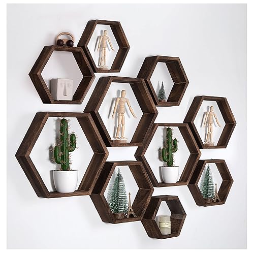WONFUlity Hexagon Floating Shelves Honeycomb Shelves Wall Mounted Wood Farmhouse