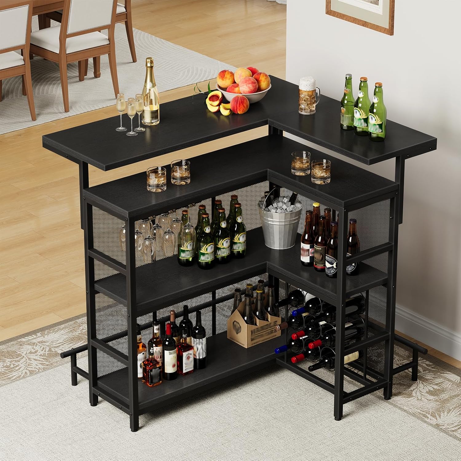 HOOBRO Home Bar Unit, L-Shaped Bar Table with Glasses Holder, and 4-Tier Shelves, Corner Mini Coffee Liquor Cabinet with Footrest,with LED Light APP Control for Home, Kitchen, Pub, Black BK129DBT01