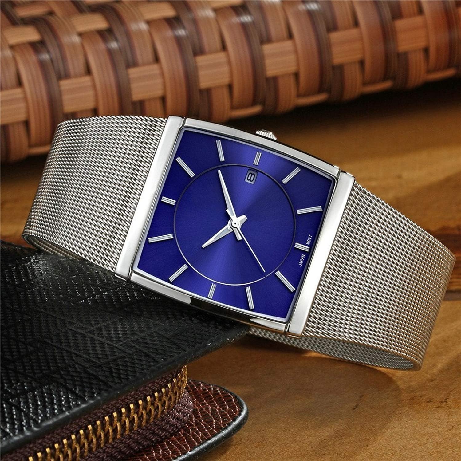 Einfache rechteckige Analoguhr für Herren, ultradünnes Edelstahl-Mesh-Armband, minimalistischer Stil, Armbanduhr, Geschenkbox