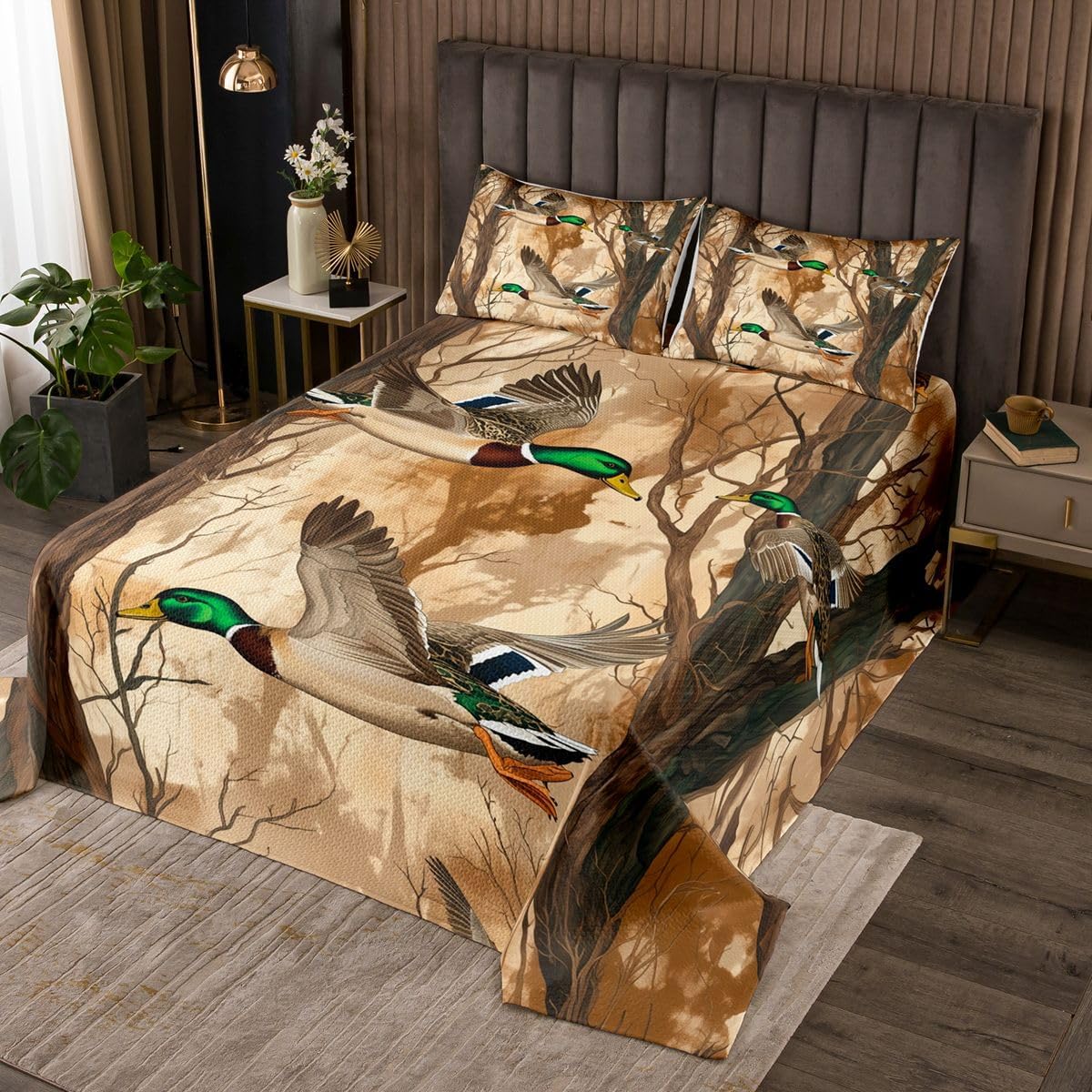 jejeloiu Country Cabin Woodland Duck Bedspread King Size Mallard Duck Coverlet Set Cabin Farmhouse Quilted Coverlet for All Season with 2 Pillowcases Lightweight
