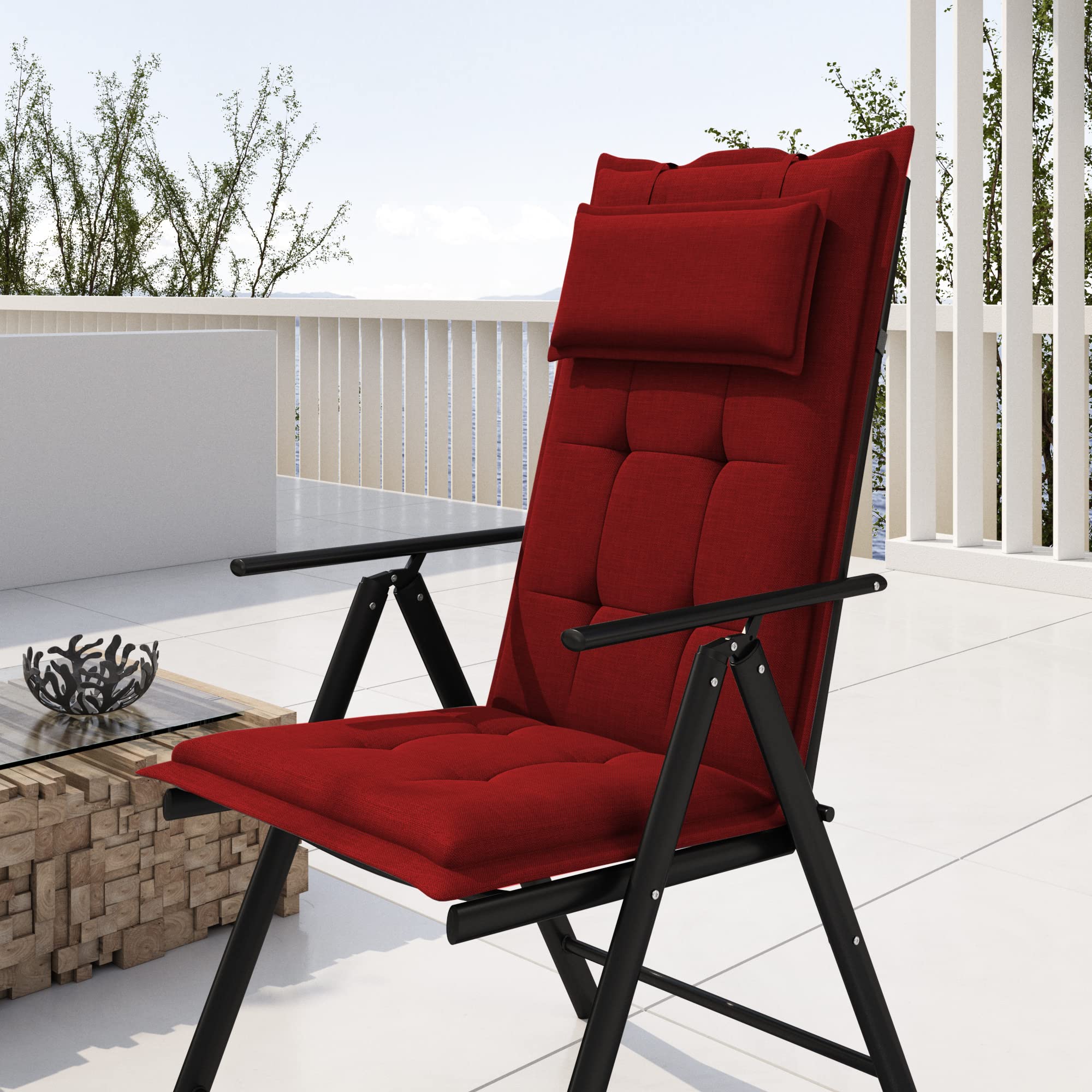 sunnypillow Lot de 2 Coussins de Chaise de Jardin Dossier Haut - 120 x 50 x 9 cm - Résistant UV, Impermeable, Extérieur - Cordons de retenue, Bande de réglage, Repose-tête Amovible - Rouge