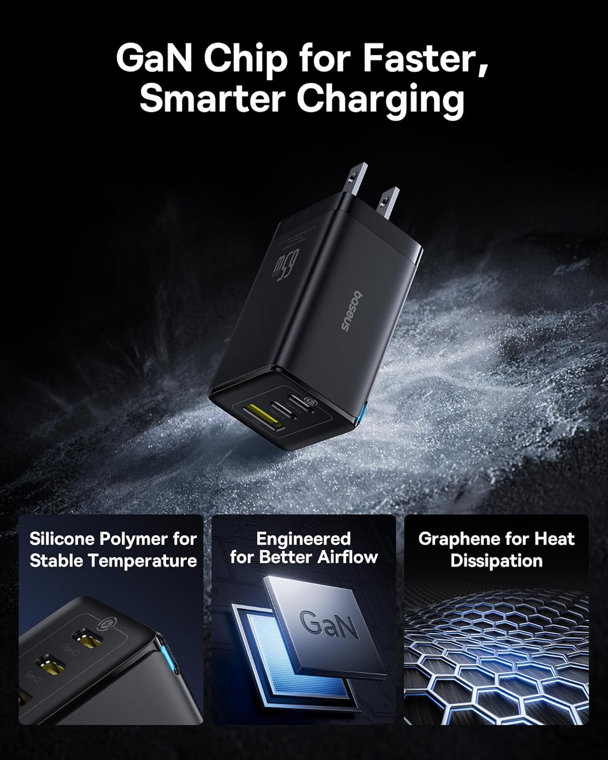 Baseus 2 Pack 65W USB C Charger Block, PPS 3-Port Fast Compact Foldable USB C Charger for MacBook, iPad Pro, Galaxy S24, iPhone 17/16 and More Series