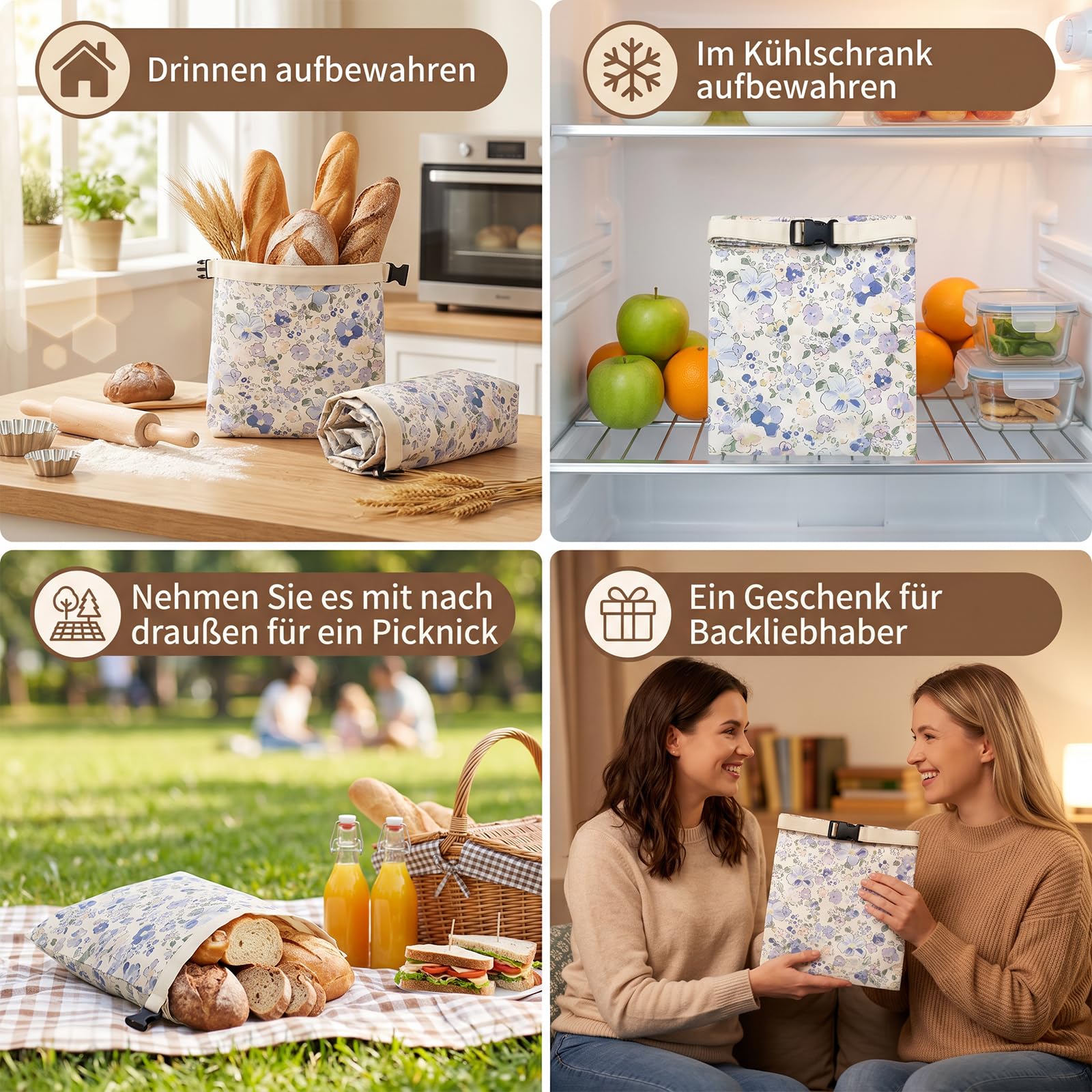 Bienenwachs Brotbeutel 2er-Pack – abnehmbare Brottaschen aus reiner Baumwolle mit Bienenwachsbeschichtung, wiederverwendbar, für Baguette, Bagel, Sauerteigbrot, Picknick, Küche, blaue Blumenmuster
