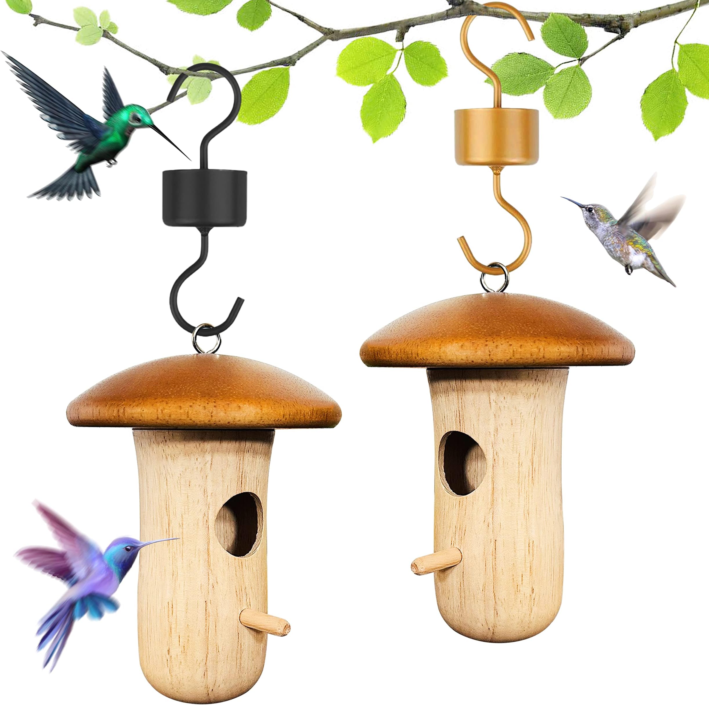 TIETHEKNOT 2pcs Hummingbird House 2023 New Wooden Bird House Pendant Bird House- Wooden Hummingbird House with Feeder for Multi Member Cute Mushroom Bird House for Outside Hanging