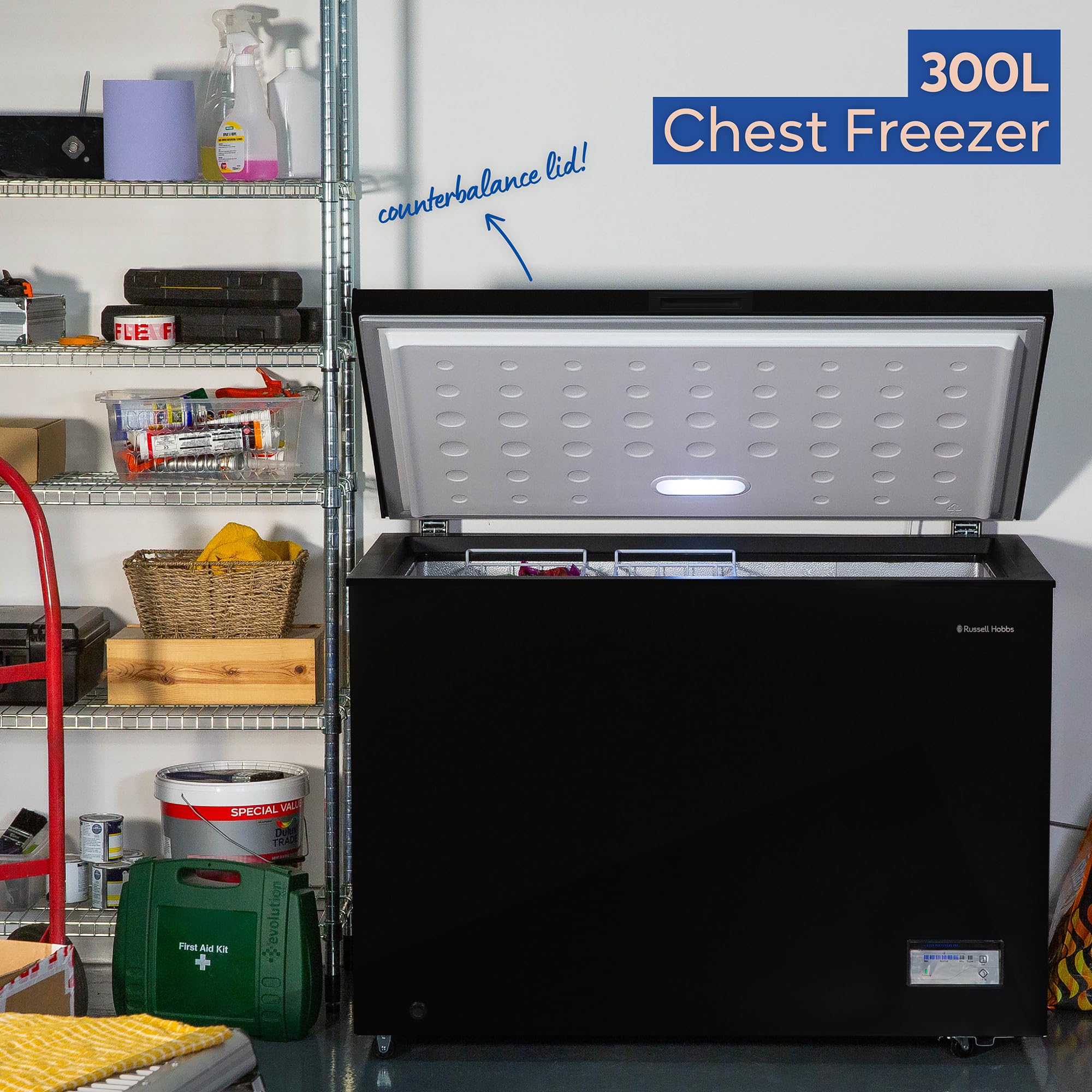Russell Hobbs Free Standing Chest Freezer, 300 Litres, Low Noise, Garage Safe, Counterbalance Lid, Front Drain Hole, 1.8m Cord, Castor Wheels, 5 Year Registered Guarantee Black, RH300CF201B — view 6