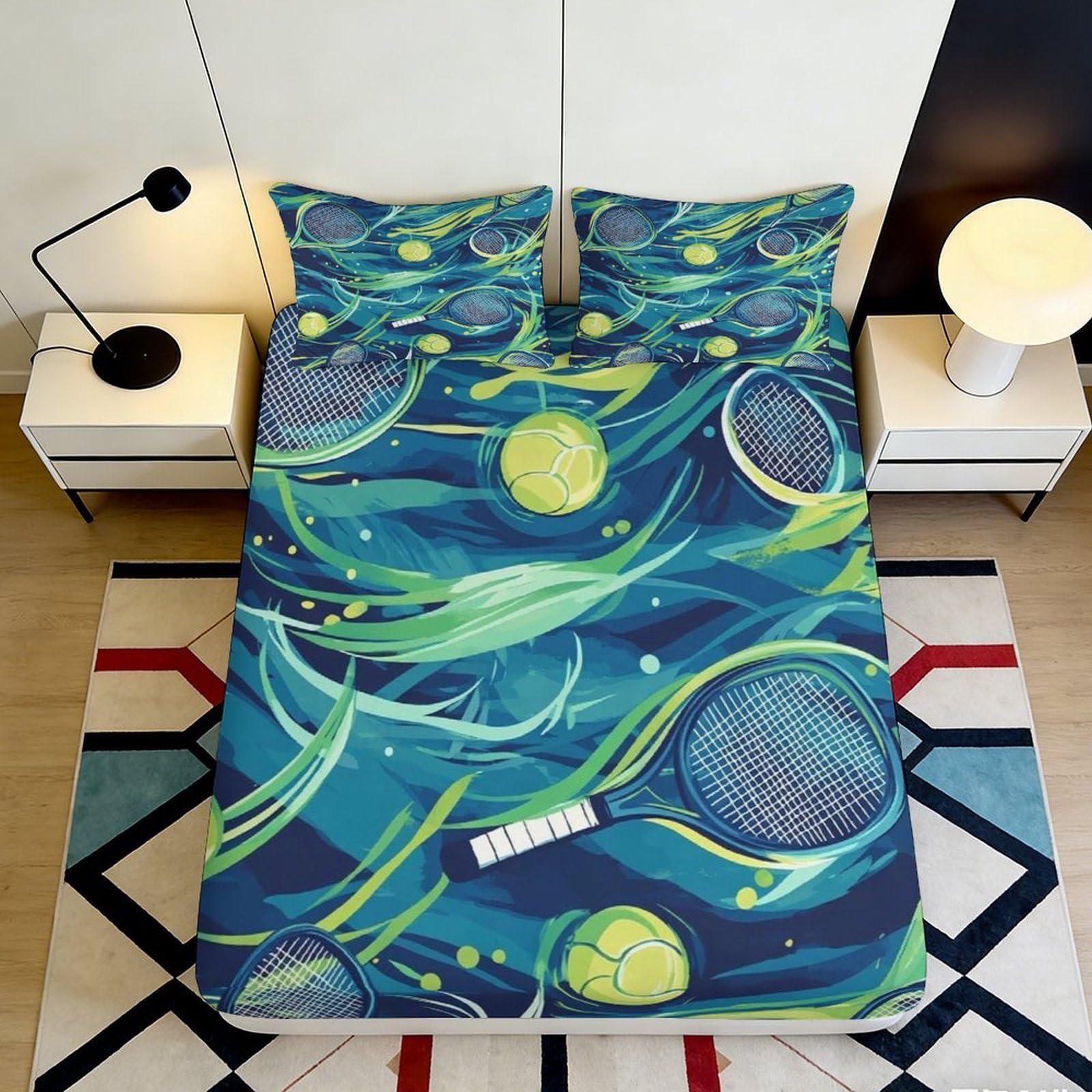 3D Printed Tennis Racket Fitted Sheet Microfiber Soft Blue Yellow Tennis Ball Mattress Cover for Bedroom Dorm Flat Decor 180x200x25cm