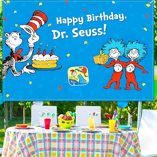 Miniatura 6 de Decoraciones de fiesta de cumpleaños del Dr. Seu, pancarta de fondo de feliz cumpleaños de 5 x 3 pies, fondo de fotos azul y rojo para niños y